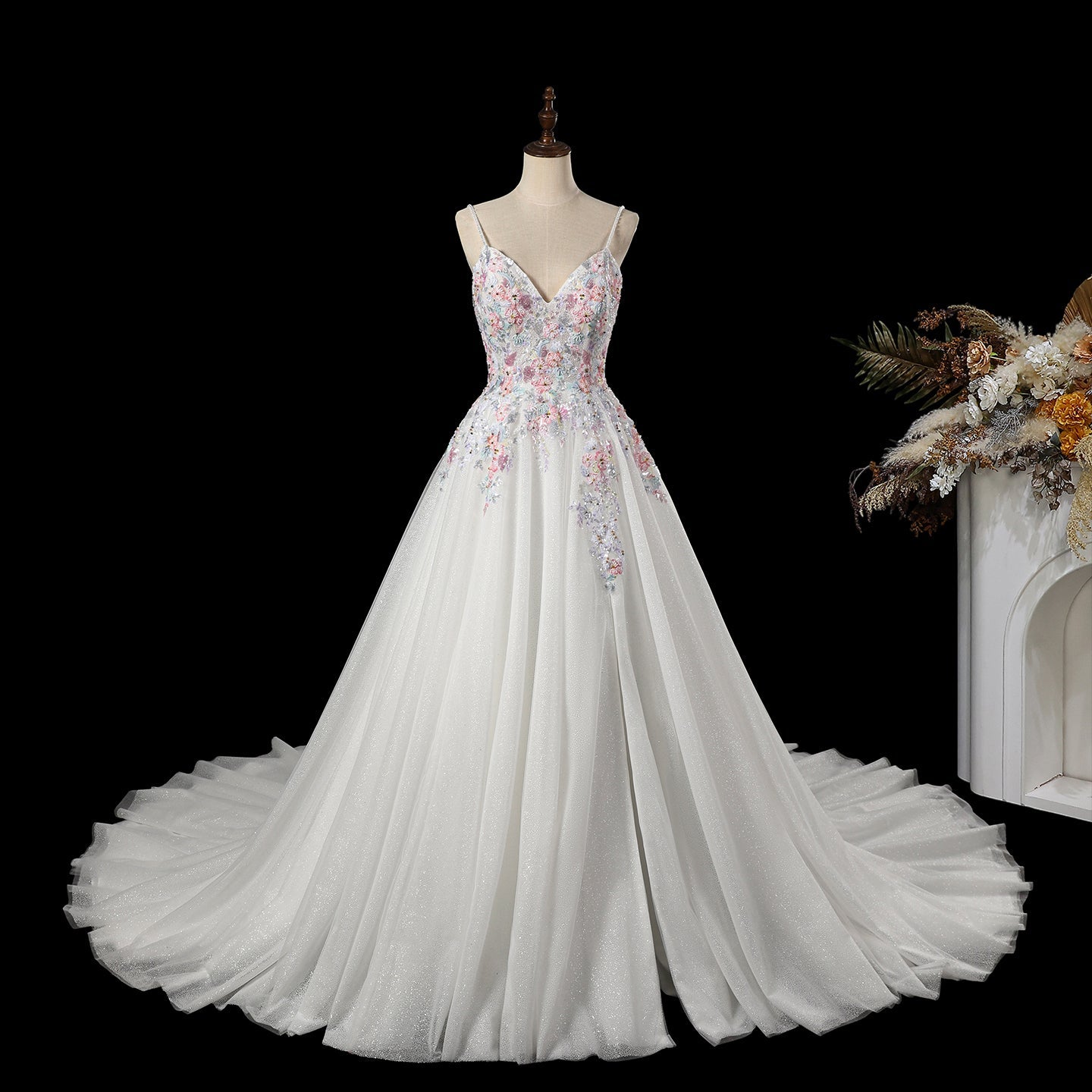 Spaghetti Strap Floral Embroidered Ball Gown Wedding Dress with Glitter Tulle SW704 Sheer Fairy
