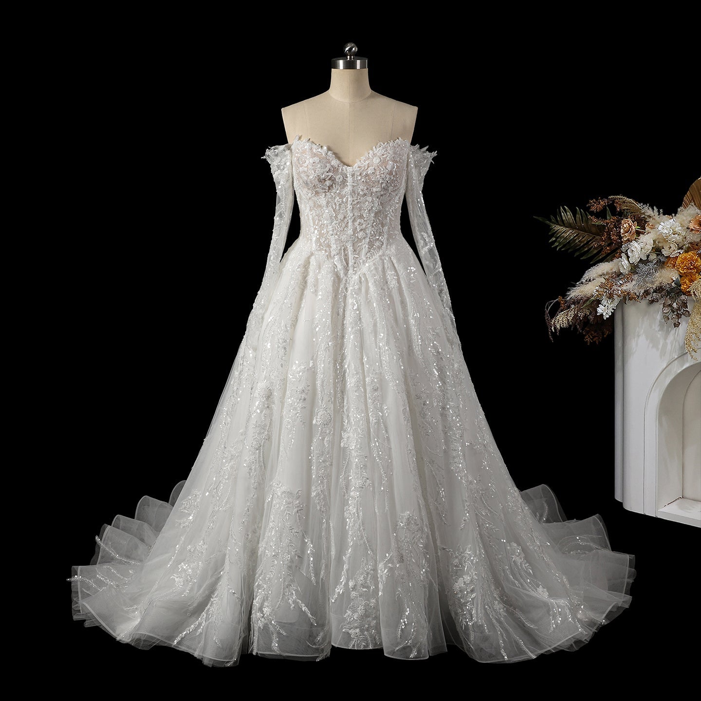Elegant Off-Shoulder Sequin Lace Wedding Dress with Voluminous Tulle Skirt SW702 Sheer Fairy