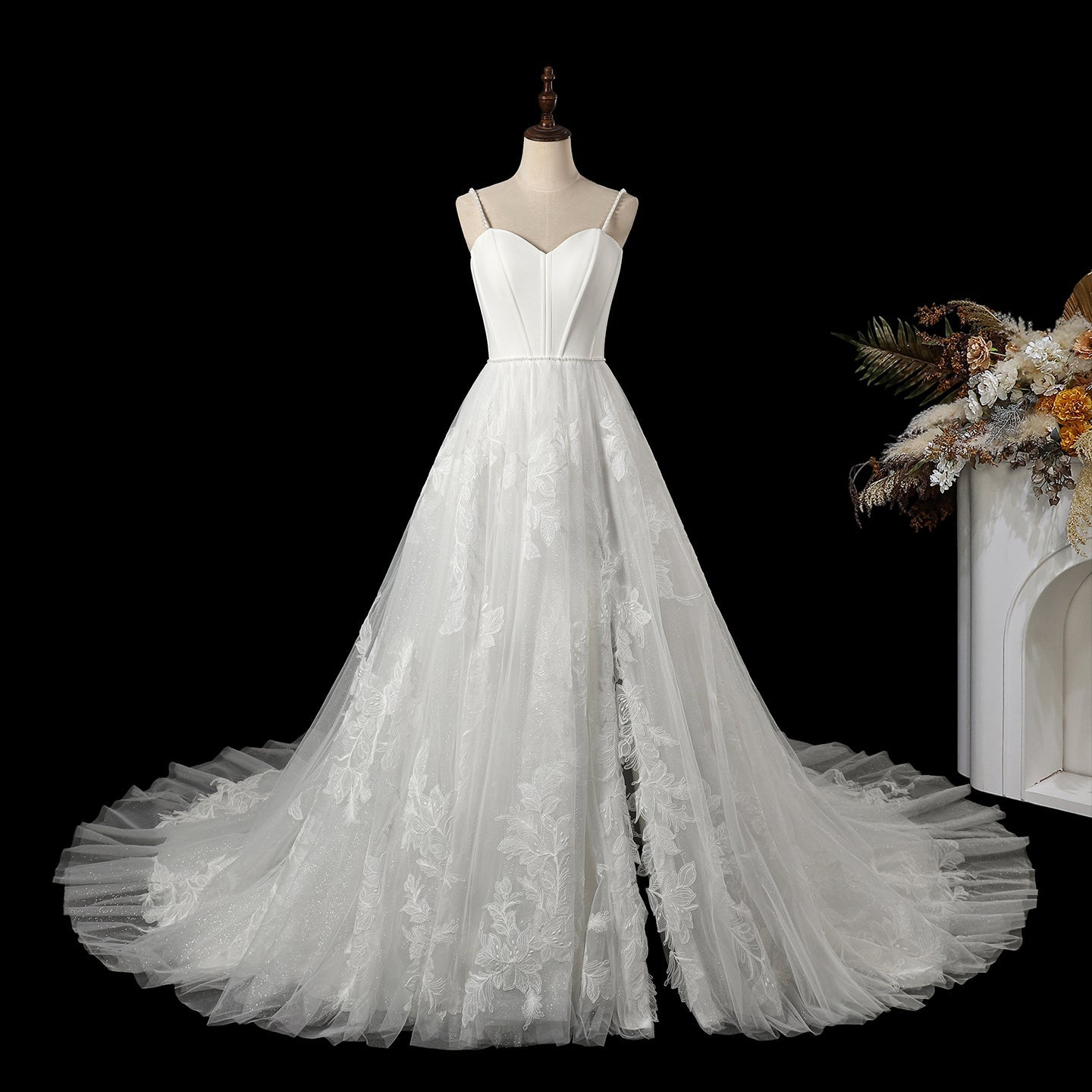 Elegant Corset Bodice A-Line Wedding Dress with Floral Lace Appliques & Cathedral Train SW705 Sheer Fairy