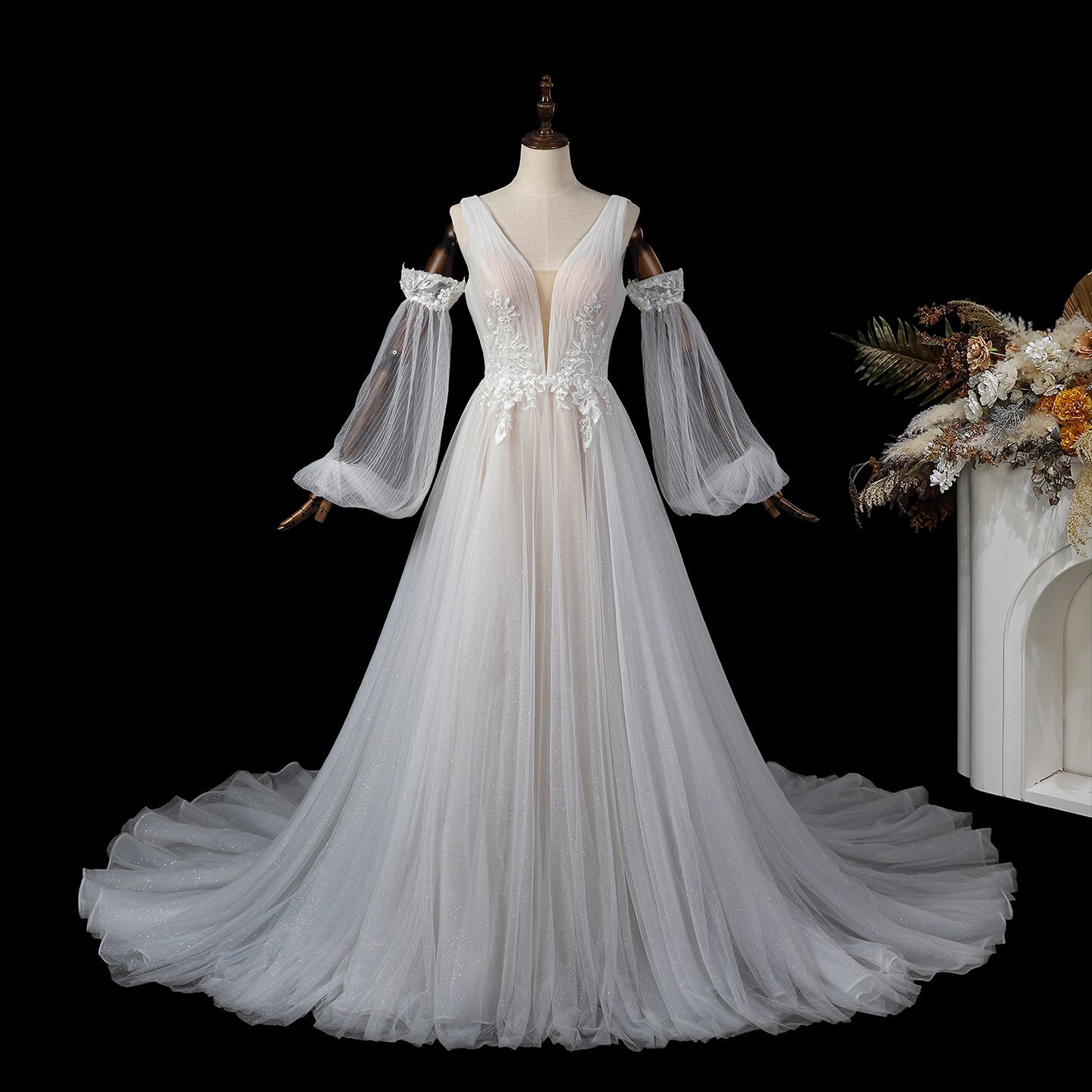 Glamorous Deep V-Neck Wedding Dress with Detachable Off-Shoulder Sleeves & Glitter Tulle Skirt SW708 Sheer Fairy