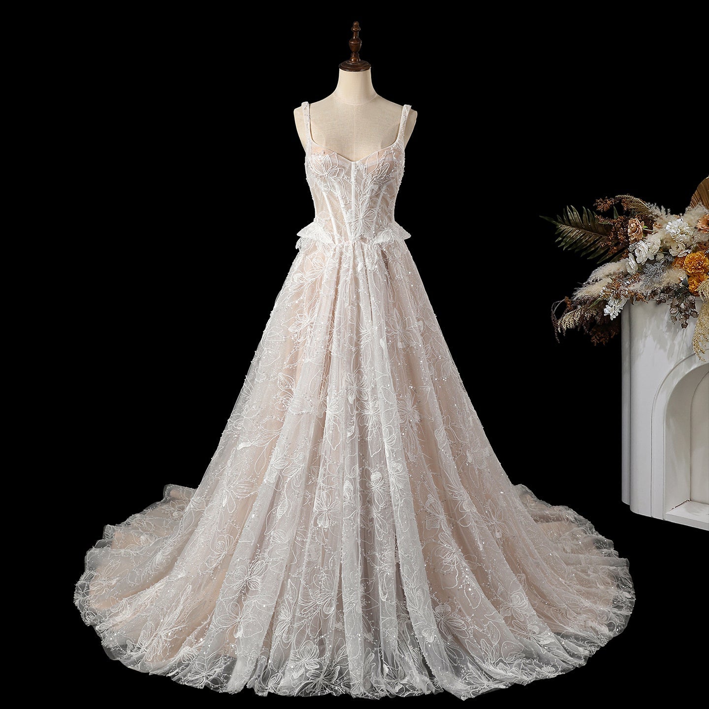 Elegant Beaded Lace Wedding Dress with Peplum Waist, Corset Back & Cathedral Train  SW706 Sheer Fairy
