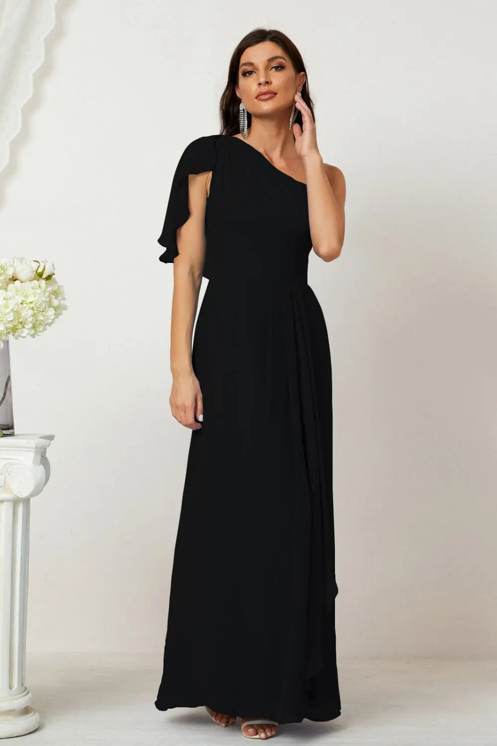 Dusty Blue One-Shoulder Chiffon A-Line Bridesmaid Dress BS028 Sheer Fairy