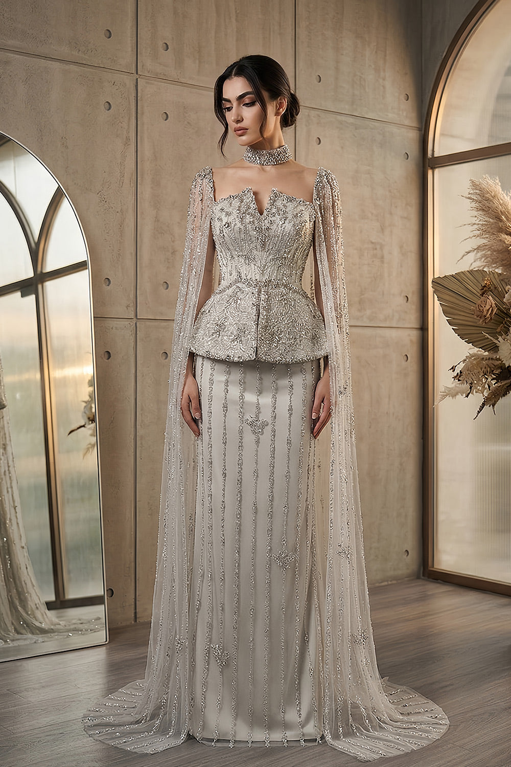 Luxury Silver Crystal Beaded Cape Mermaid Evening Dress Gown with Peplum SS531 Sheer Fairy