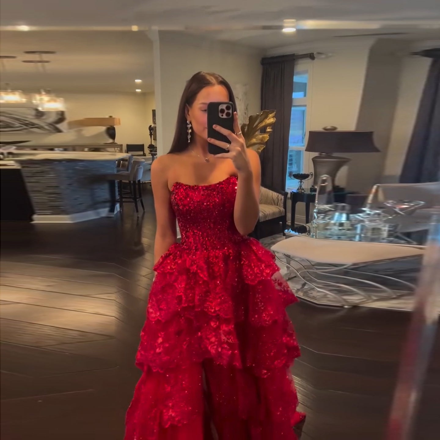 Strapless Ruffled Lace Sequin A-Line Prom Dress SH162