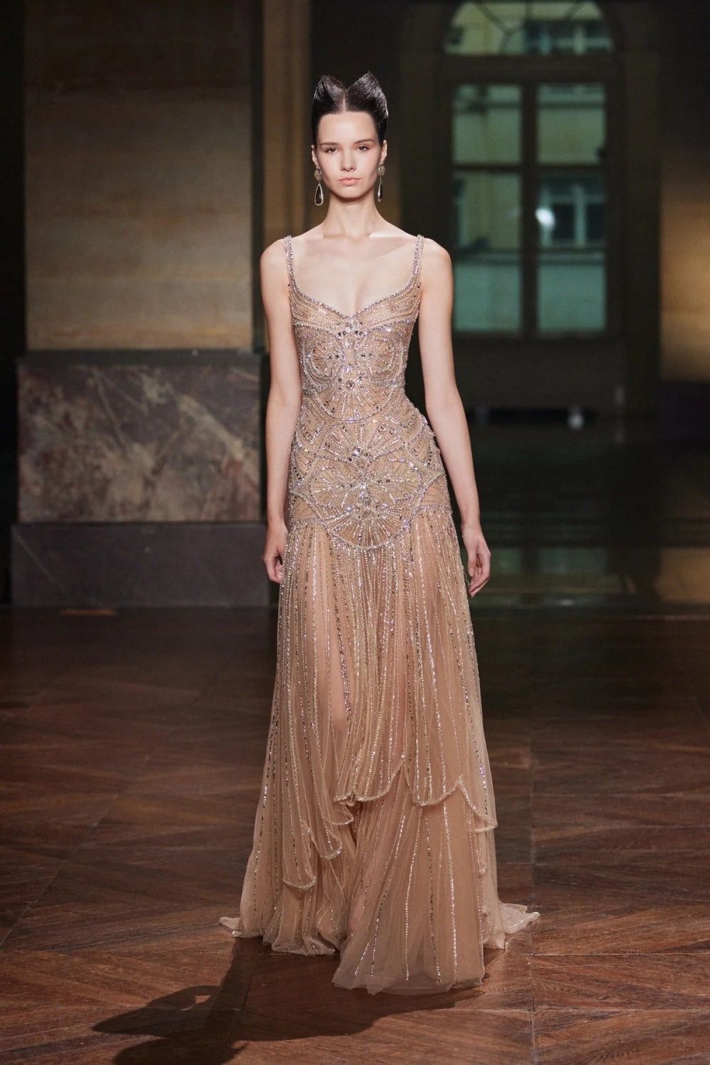 Champagne Luxury Beaded Tulle Floor Length Evening Dress SS552 Sheer Fairy