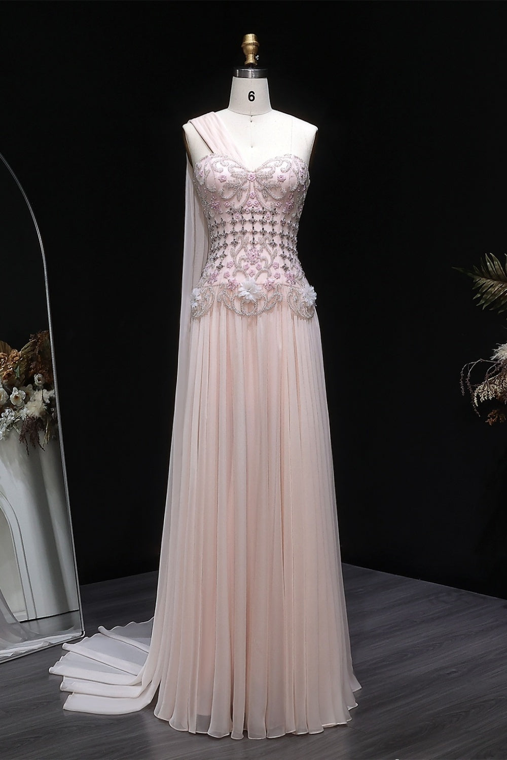 Blush Pink One-Shoulder Beaded Chiffon Evening Dress Gown SS285 Sheer Fairy