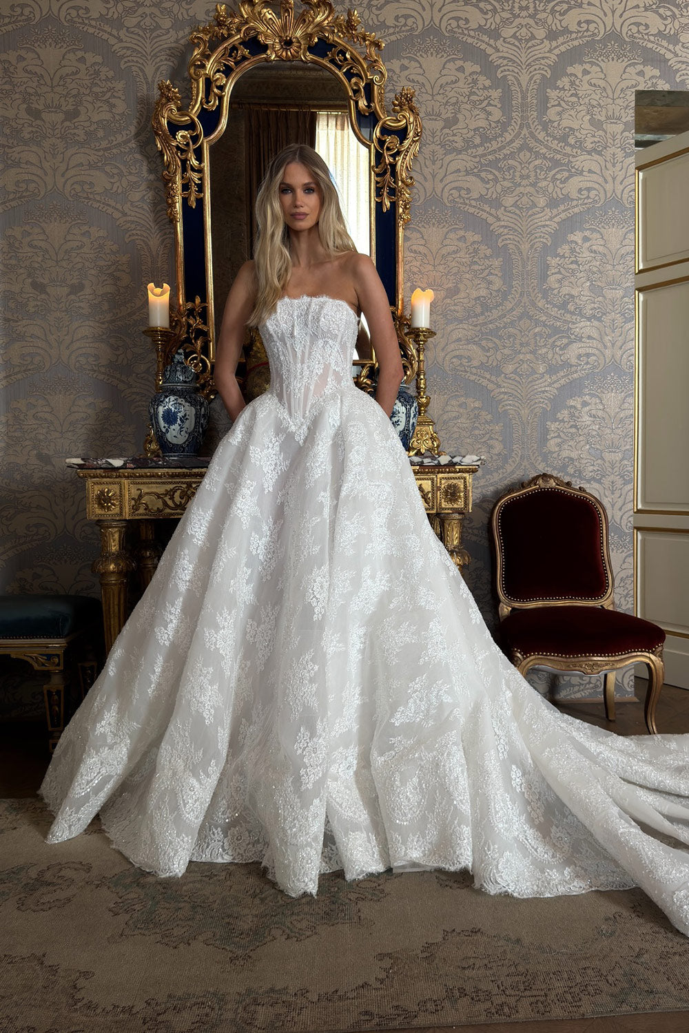 Illusion Corset Bodice with Appliqué Tulle Chapel Train SW214 Sheer Fairy