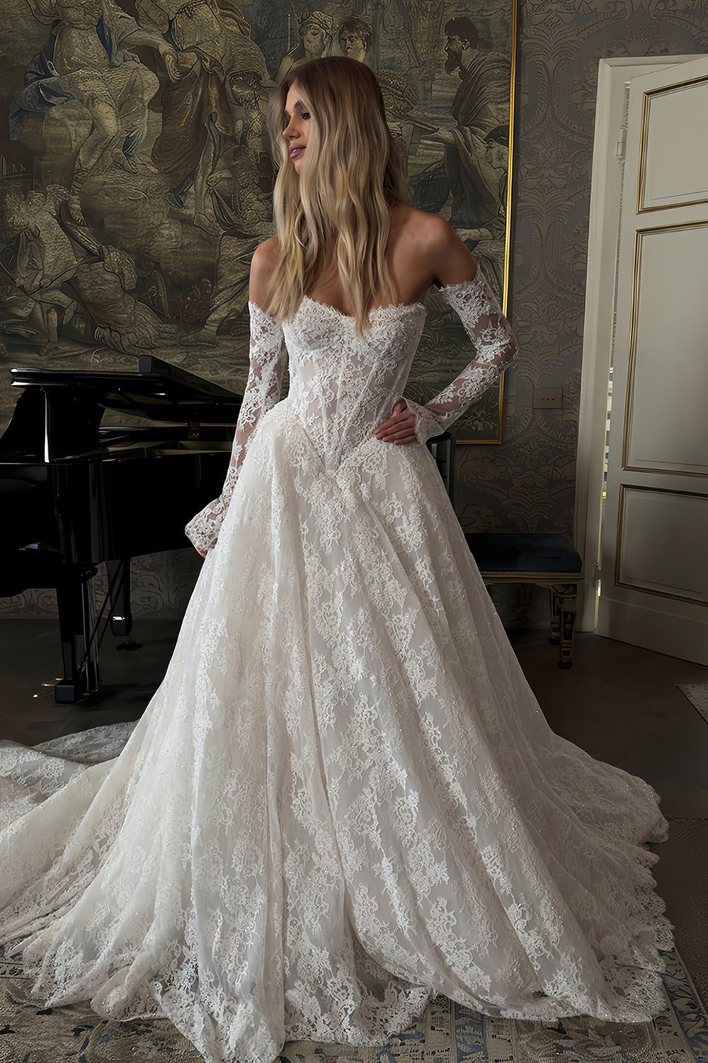 Detachable Long Sleeves Corset Bodice Wedding Bridal Gown SW213 Sheer Fairy