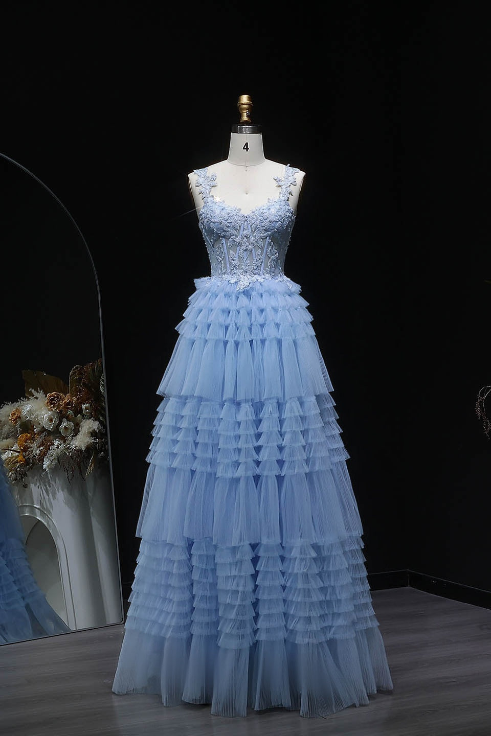 Blue Tiered Tulle Long Evening Dress SH359 Sheer Fairy