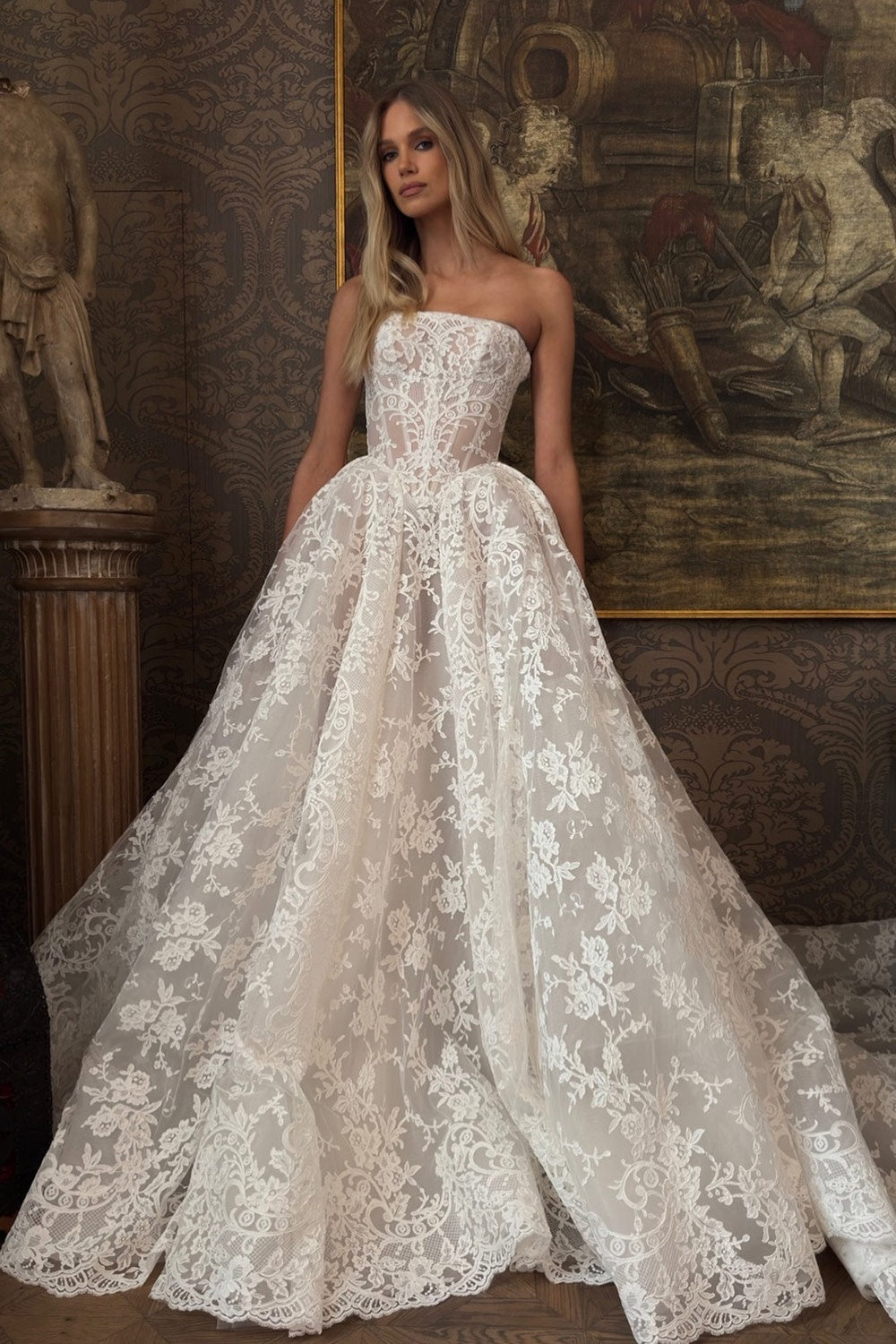 Sheer Illusion Bodice Floral Lace Princess Wedding Bridal Gown with Veil  SW212 Sheer Fairy