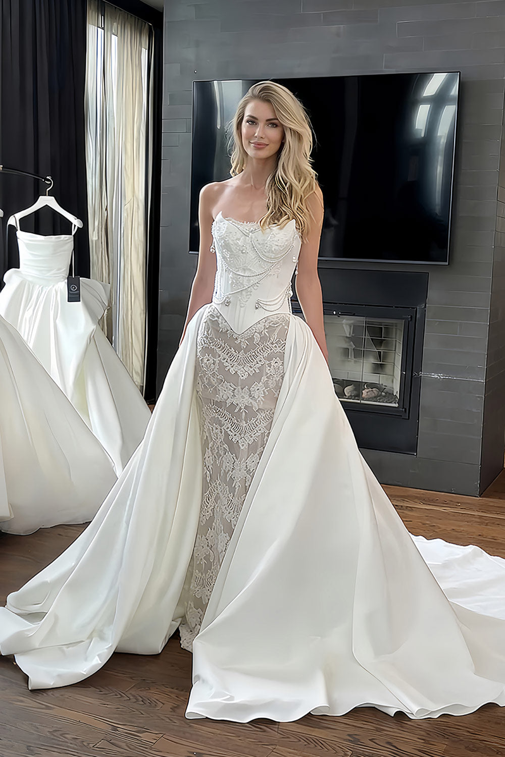 Strapless Beaded Lace Mermaid Wedding Dress with Detachable Satin Overskirt SW218 Sheer Fairy