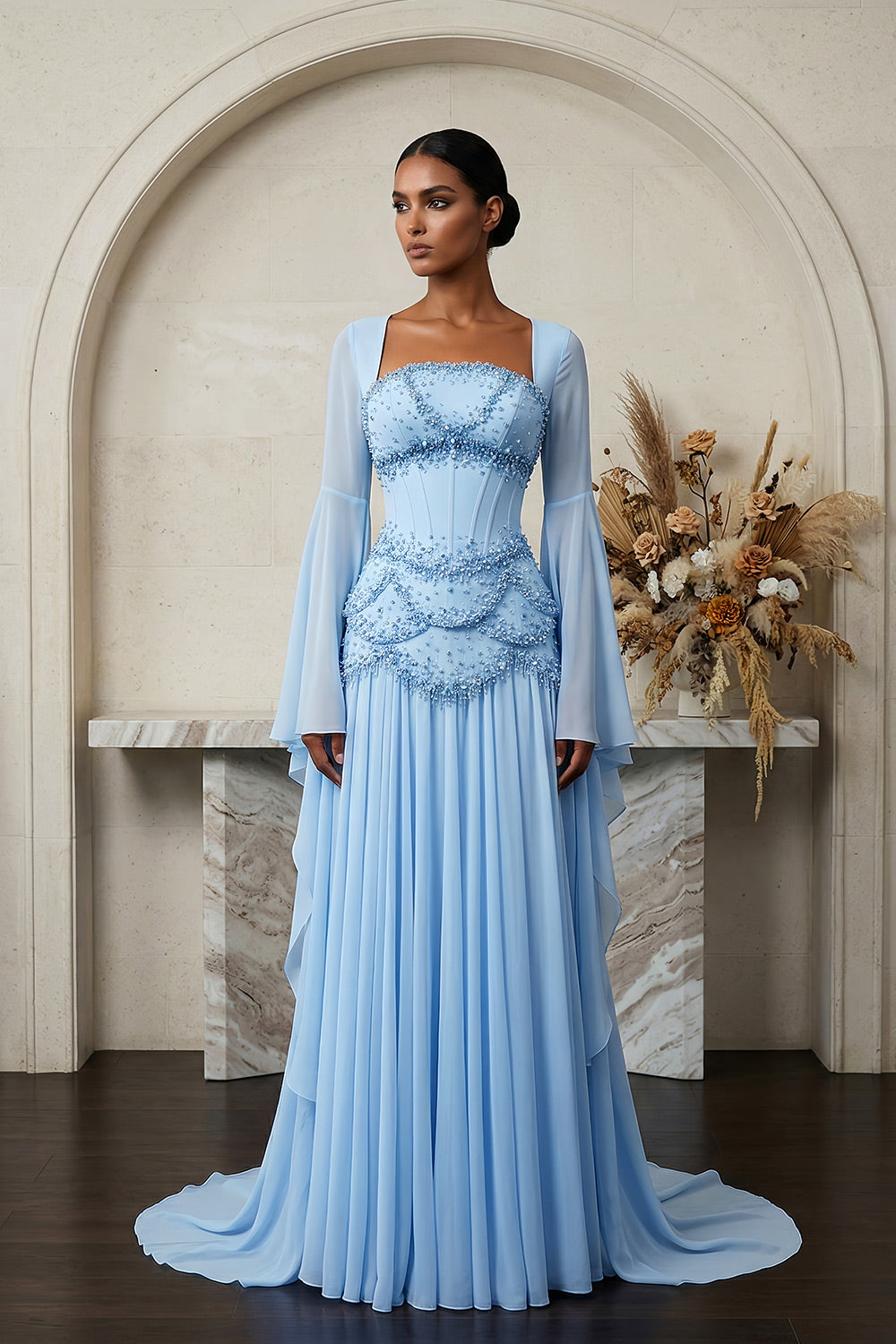 Luxury Sky Blue Beaded Formal Evening Gown with Bell Sleeves SS286 Sheer Fairy