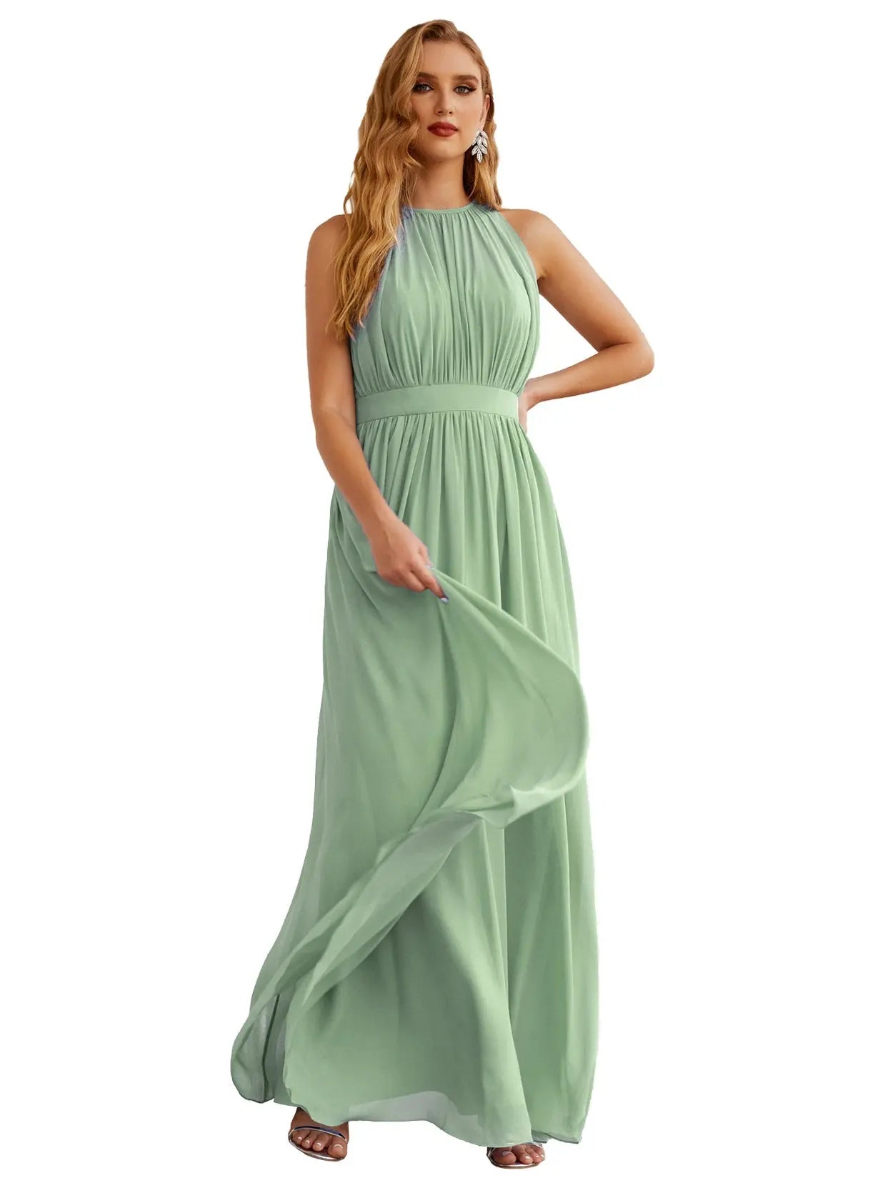 Elegant Dusty Blue High Neck Chiffon A-Line Bridesmaid Dress BS017 Sheer Fairy