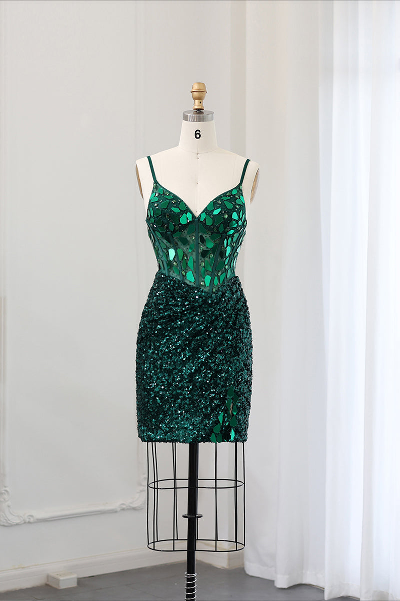 Emerald Green Sequin Sheath Lace-Up Homecoming Dress RM118 Sheer Fairy