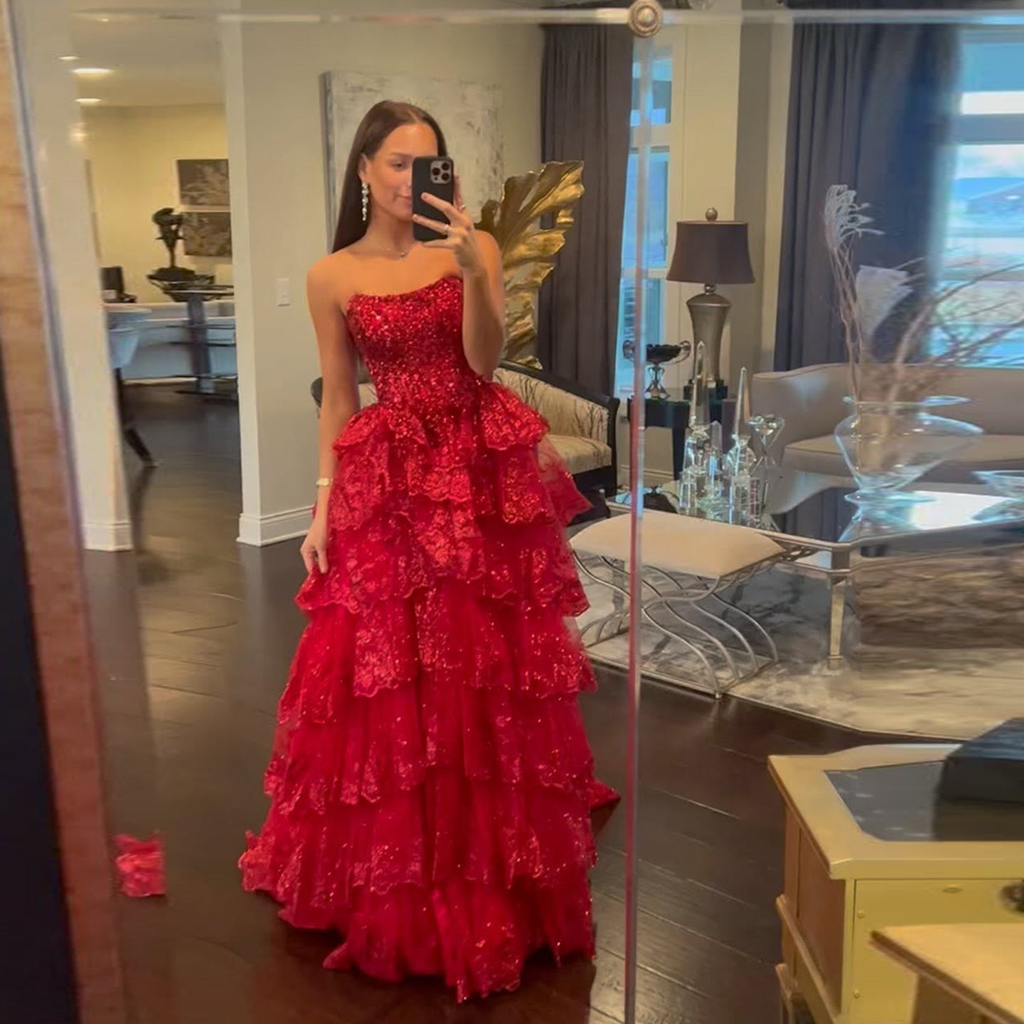 Strapless Ruffled Lace Sequin A-Line Prom Dress SH162