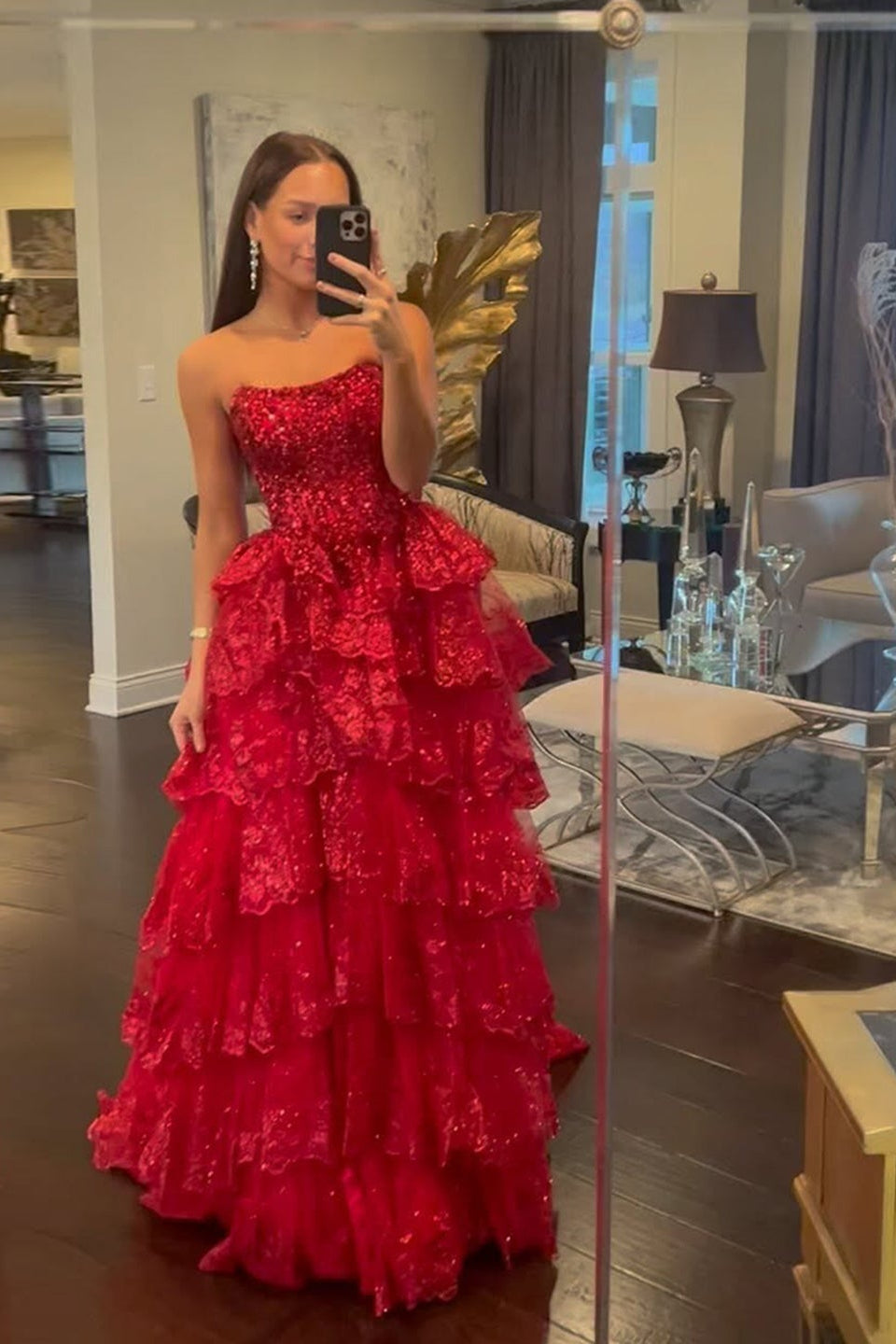 Strapless Ruffled Lace Sequin A-Line Prom Dress SH162 Sheer Fairy