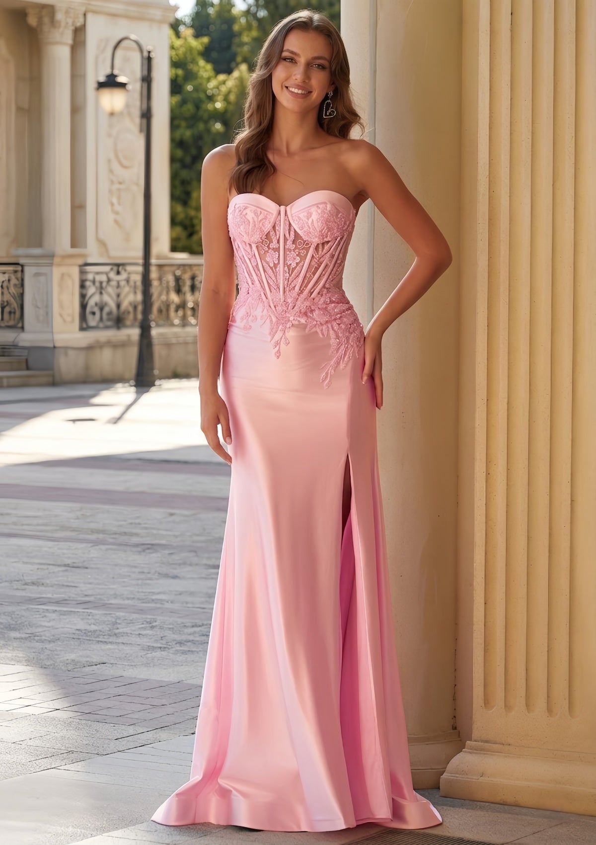 Sexy Mermaid Long Pink Satin Formal Pageant Prom Dress for Women SH716 Sheer Fairy
