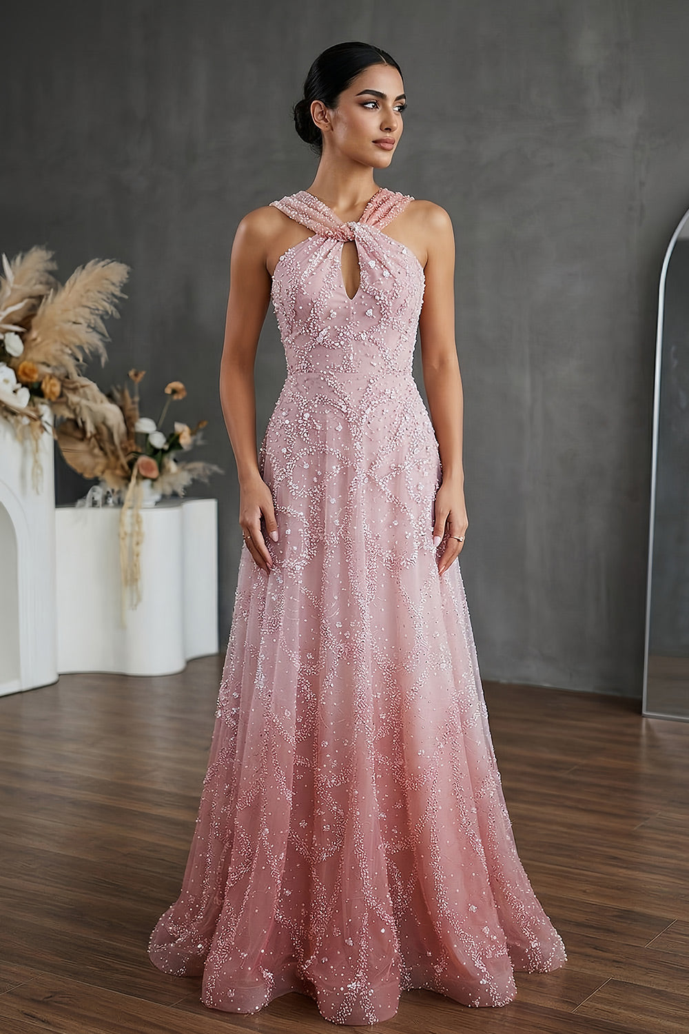 Blush Pink Halter Neck Beaded Floral A-Line Evening Dress Gown SS709 Sheer Fairy