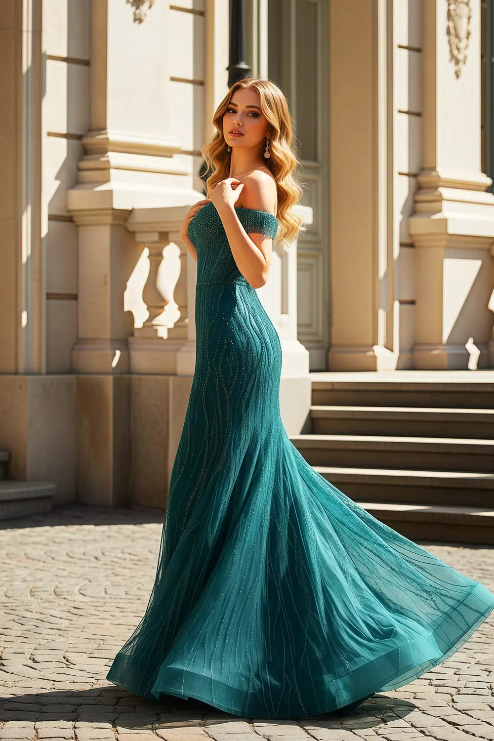 White Lace Mermaid Off-the-Shoulder Flora Beige Prom Dress SH461 Sheer Fairy