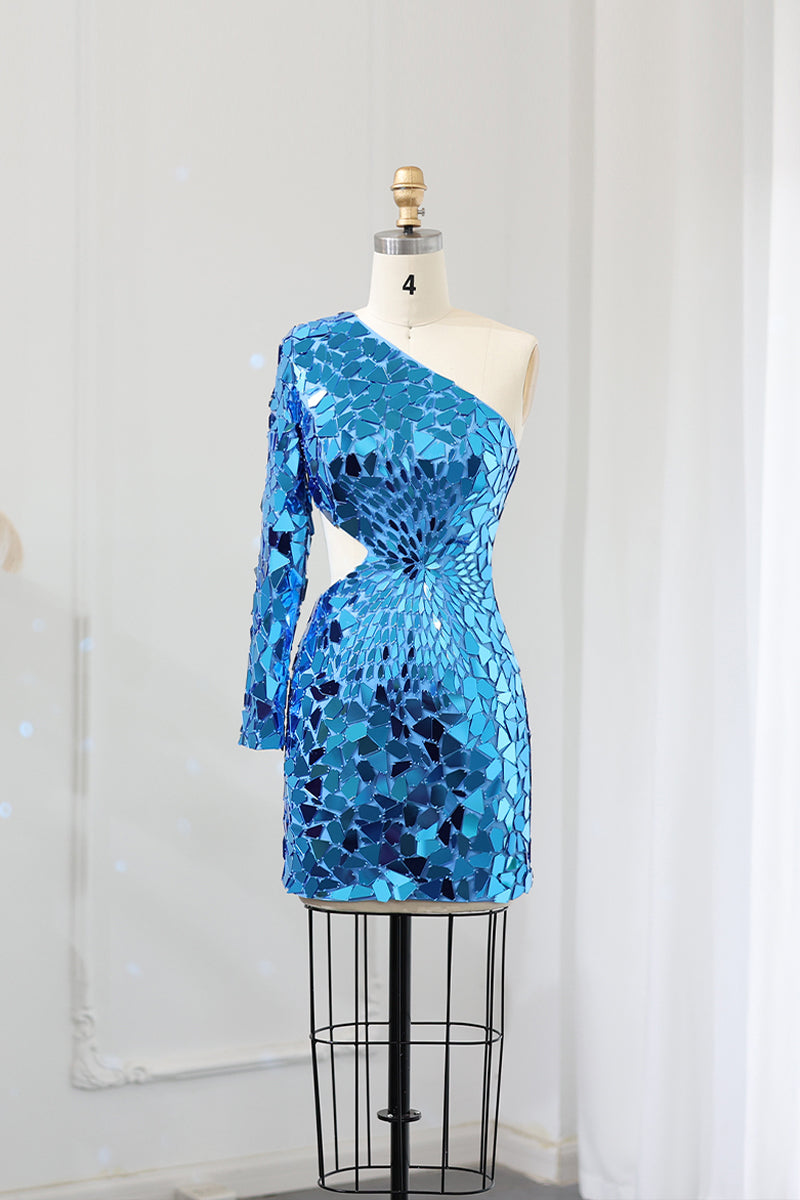Iridescent Blue Sequin One-Shoulder Homecoming Dress RM119 Sheer Fairy