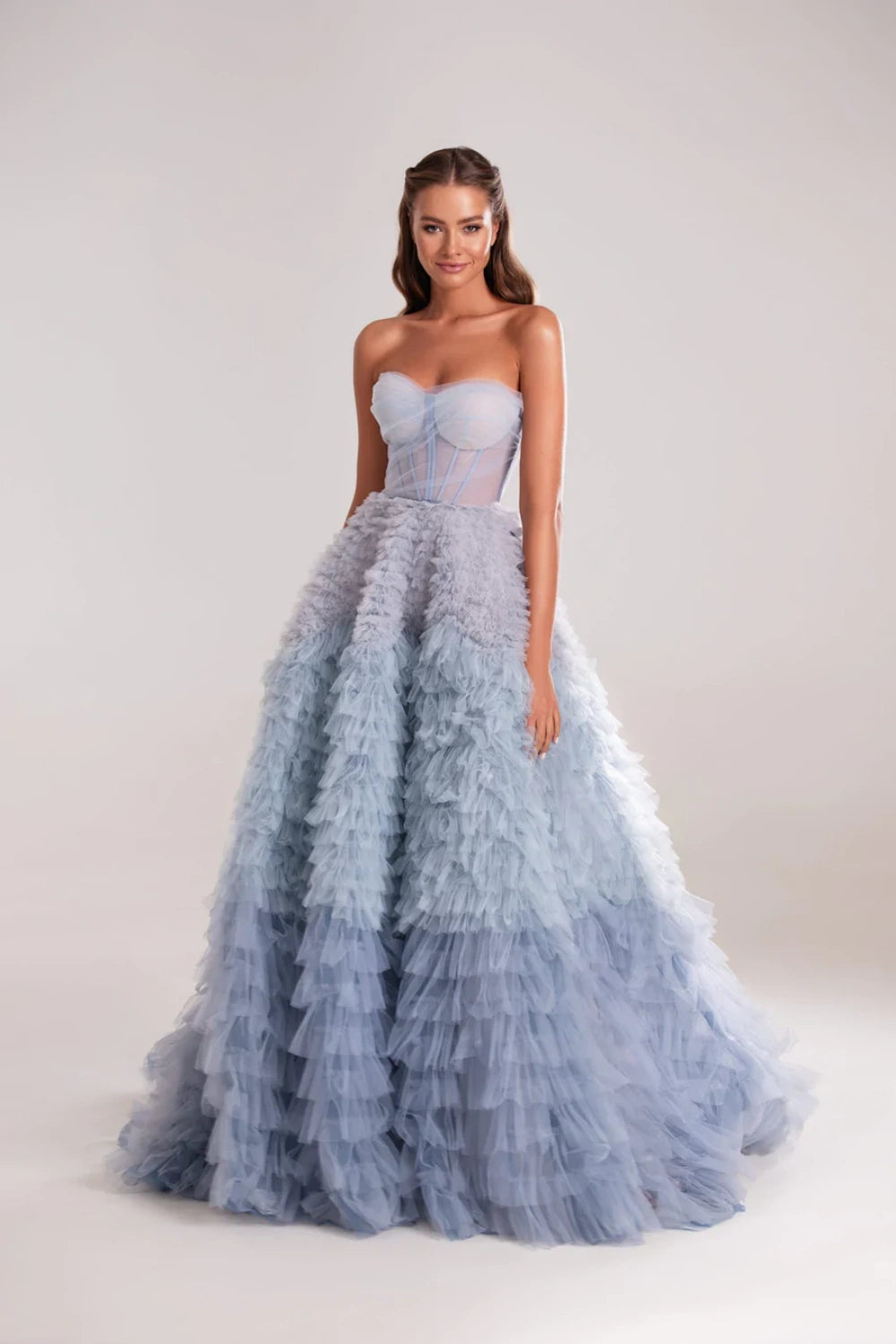 Chic Blue Ombre Tiered Ruffles Ball Gown Evening Dress SS551 Sheer Fairy