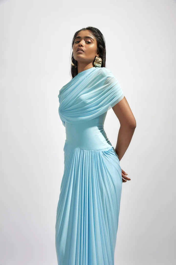 Light Blue Chiffon Asymmetrical High Neck Column Evening Dress SF151
