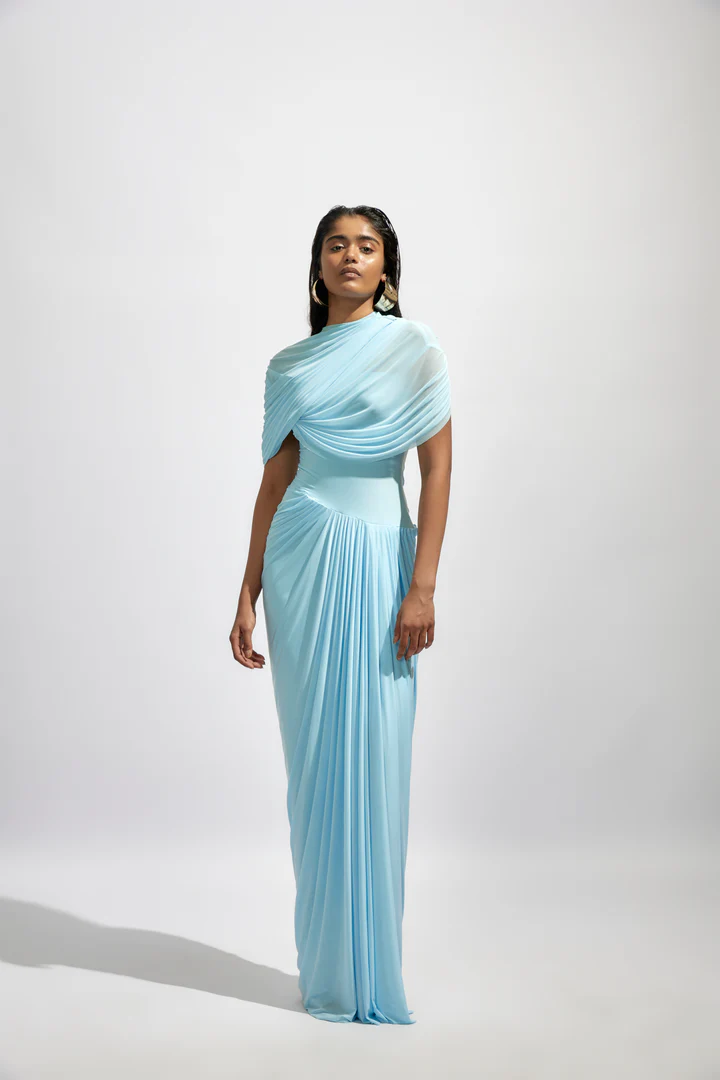 Light Blue Chiffon Asymmetrical High Neck Column Evening Dress SF151