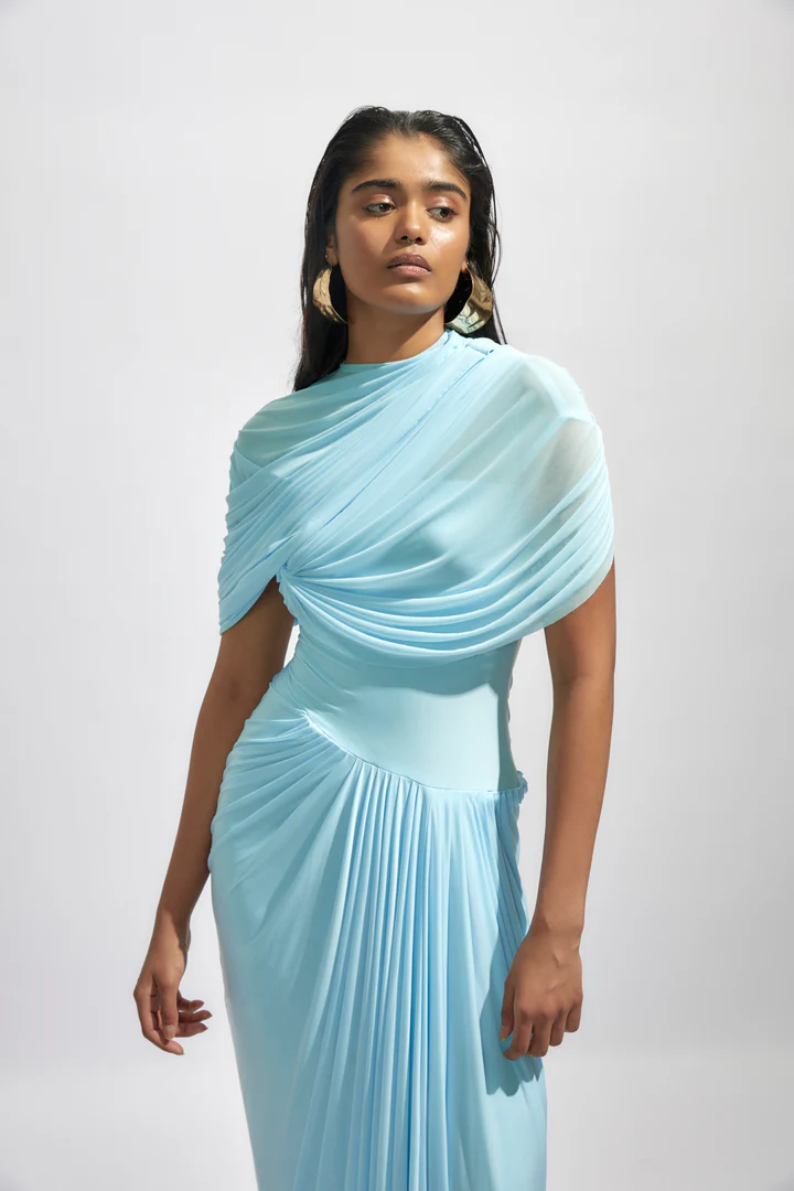 Light Blue Chiffon Asymmetrical High Neck Column Evening Dress SF151