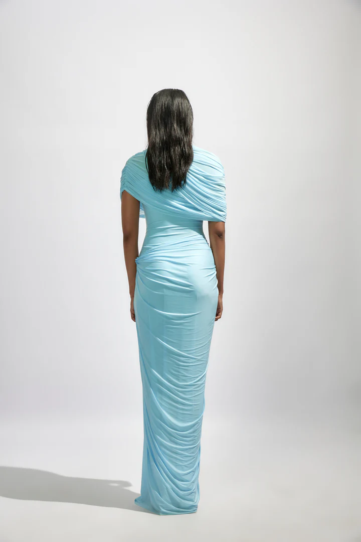 Light Blue Chiffon Asymmetrical High Neck Column Evening Dress SF151