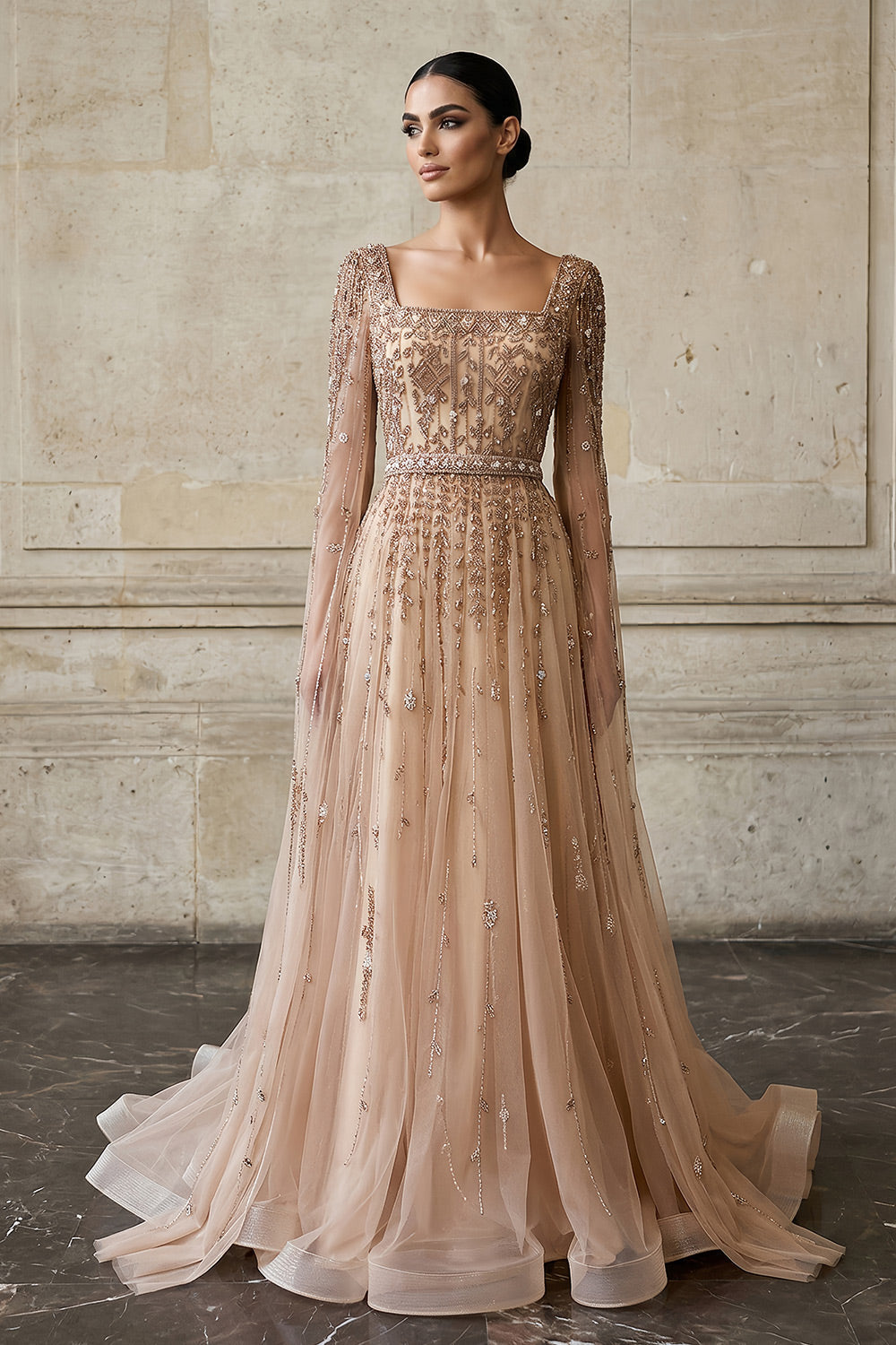 Luxury Caramel Beaded Cape Sleeve A-Line Evening Gown with Square Neck SS494 Sheer Fairy