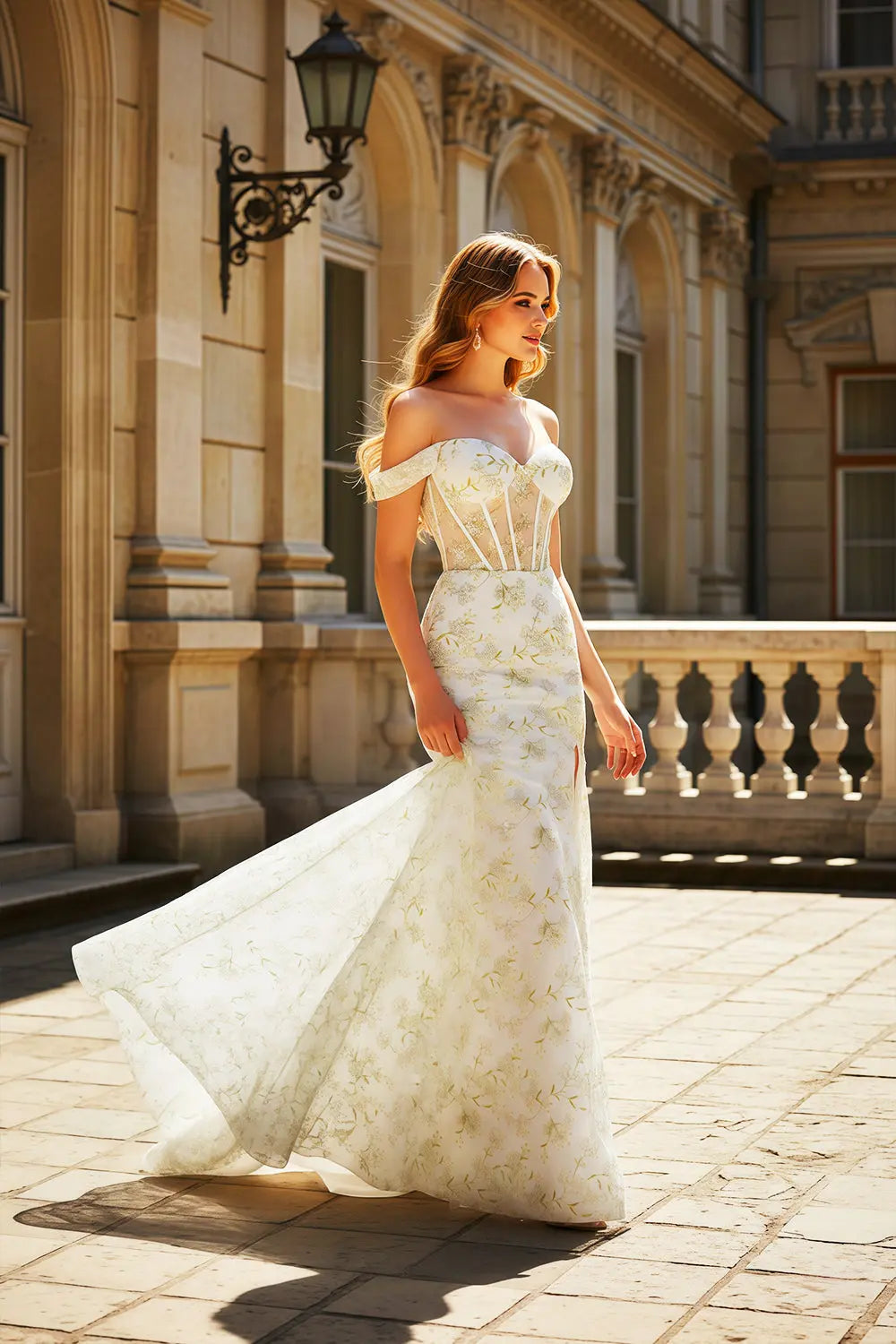 White Lace Mermaid Off-the-Shoulder Flora Beige Prom Dress SH461 Sheer Fairy