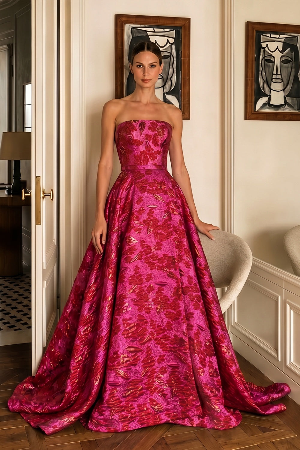 Luxury Fuchsia Metallic Leaf Pattern Strapless A-Line Prom Dress SH180 Sheer Fairy