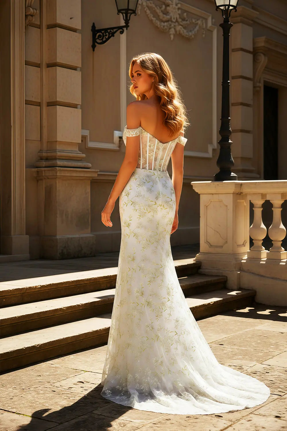 White Lace Mermaid Off-the-Shoulder Flora Beige Prom Dress SH461 Sheer Fairy