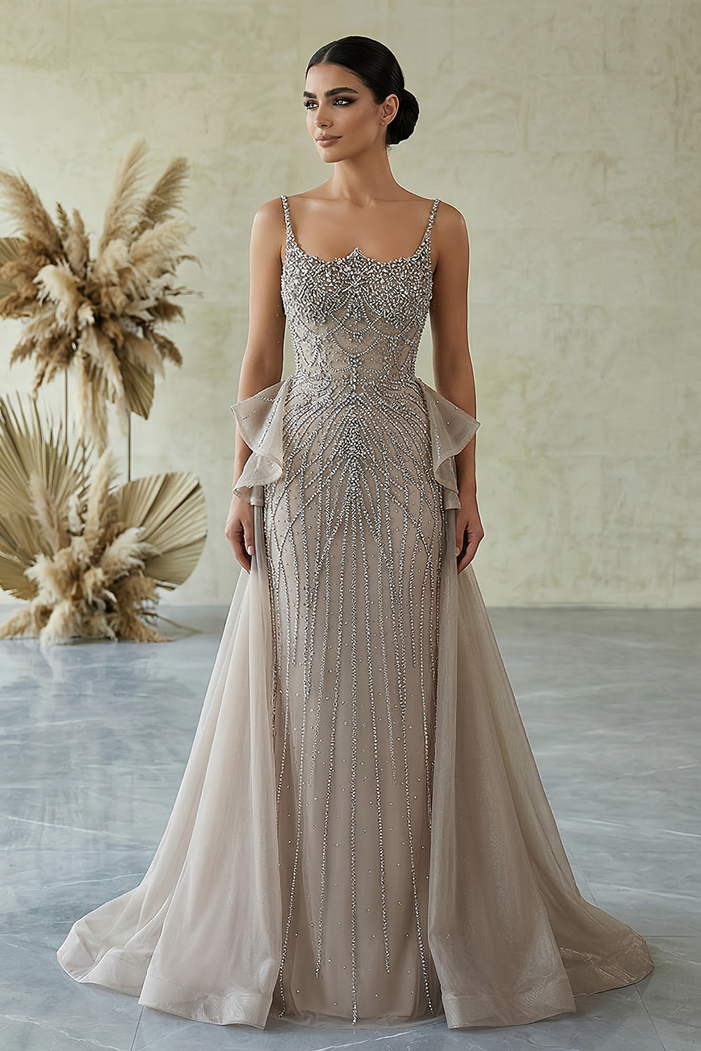 Luxury Beaded Caramel Tulle Formal Evening Dresses for Women SS026 Sheer Fairy