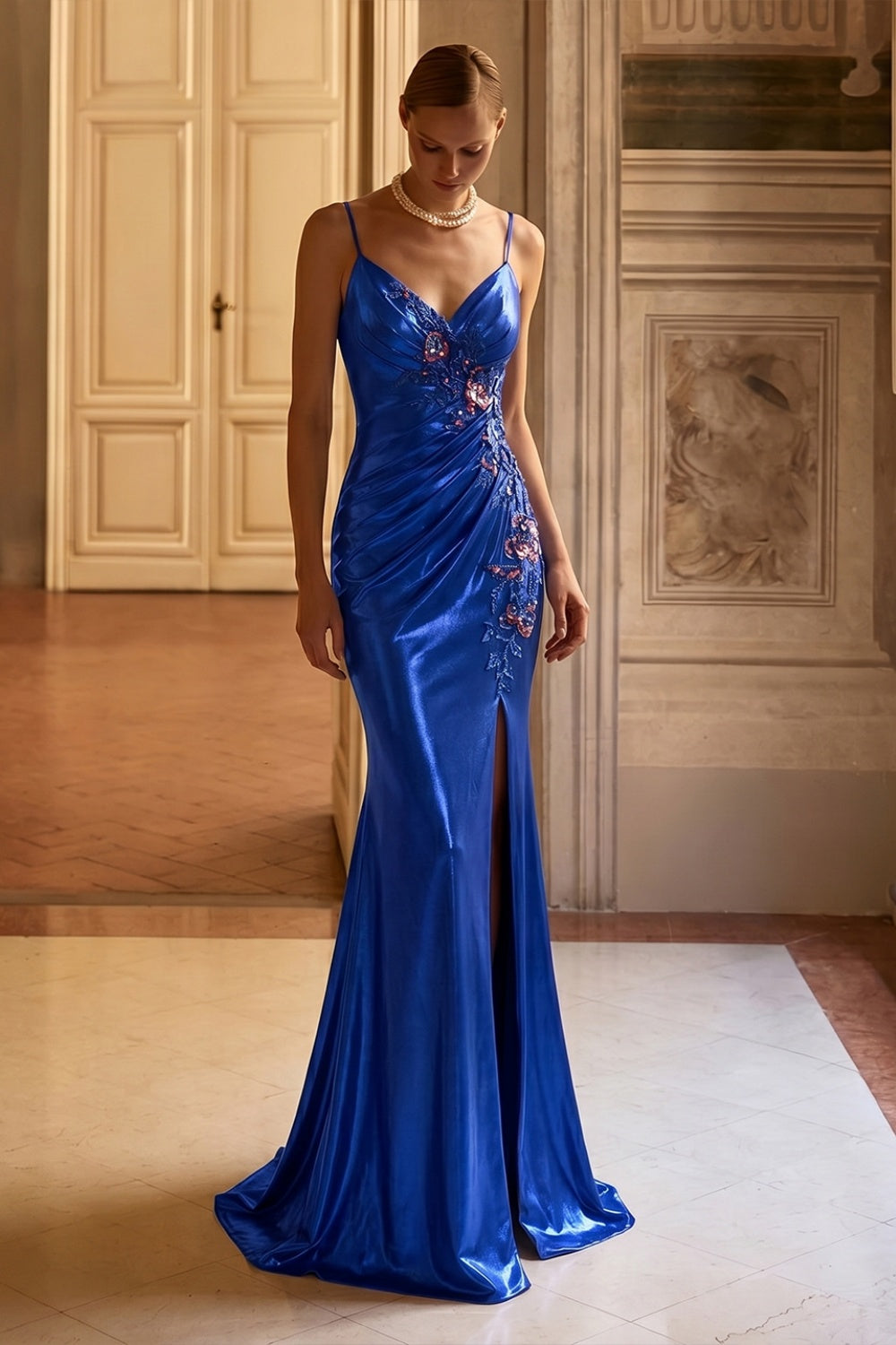 Glamorous Royal Blue Thin Spaghetti Strap Lace Up Back Ruched Train Prom Dress SH196 Sheer Fairy
