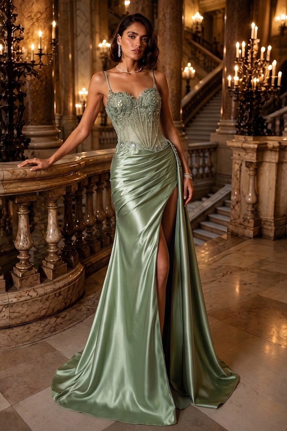 Glamorous Mint Green Beaded Floral Mesh Lace Up Back Train Prom Dress SH197 Sheer Fairy