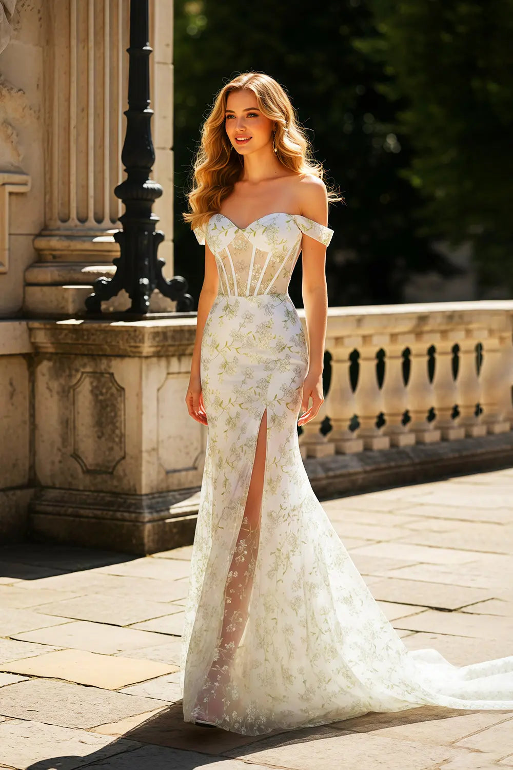 White Lace Mermaid Off-the-Shoulder Flora Beige Prom Dress SH461 Sheer Fairy