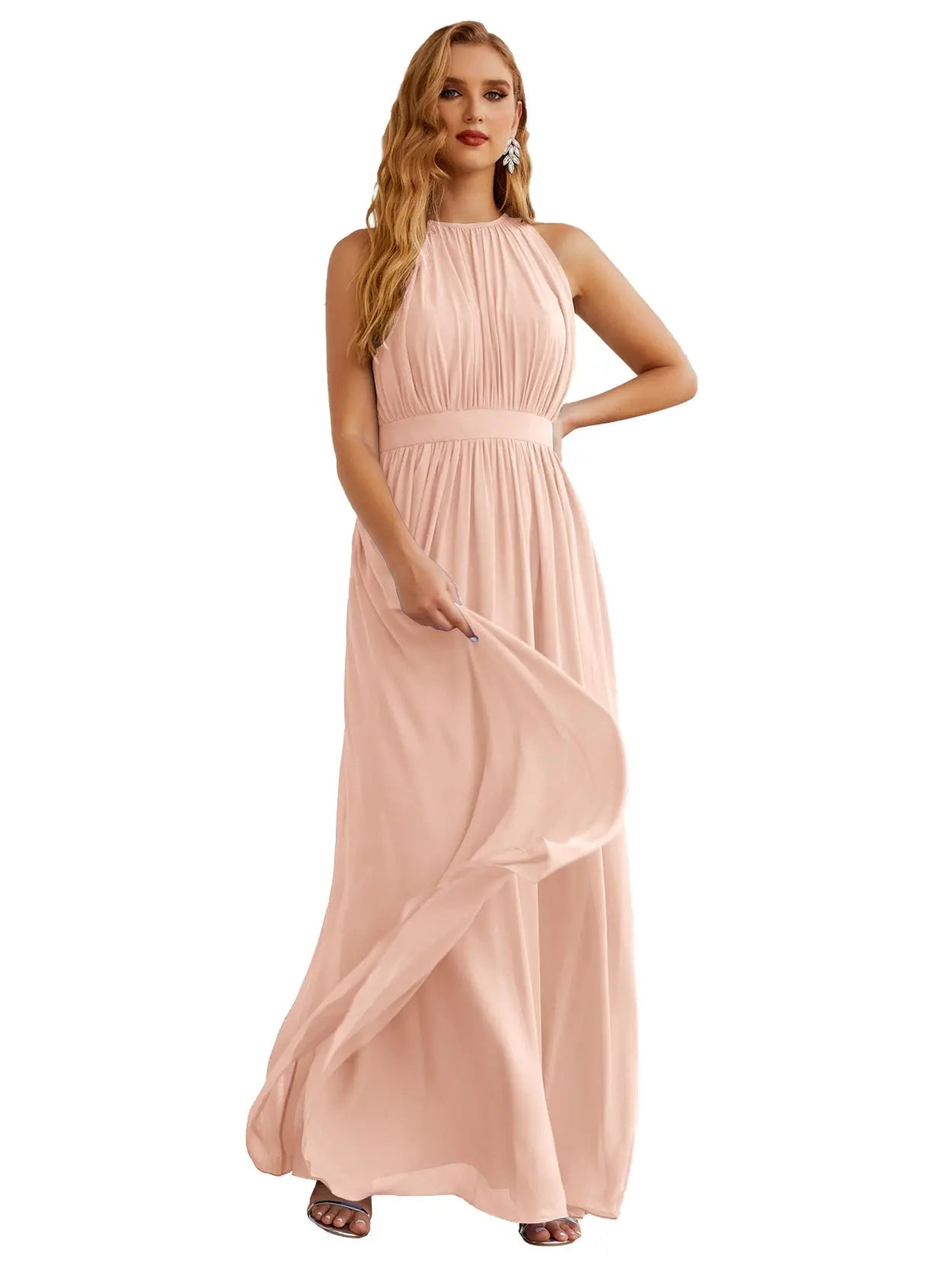 Elegant Dusty Blue High Neck Chiffon A-Line Bridesmaid Dress BS017 Sheer Fairy