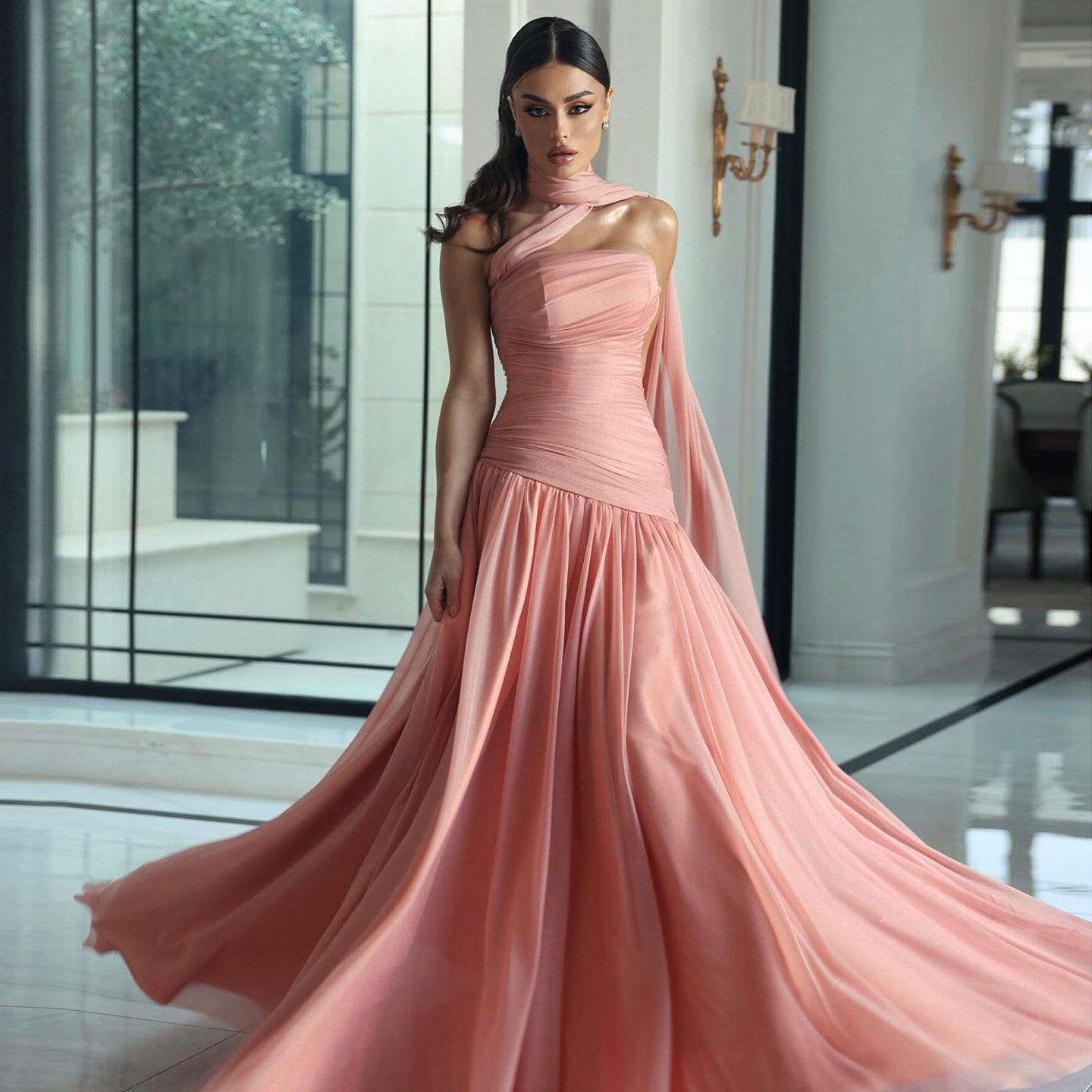 Pink One-Shoulder Chiffon A-Line High Slit Evening Dress SF482