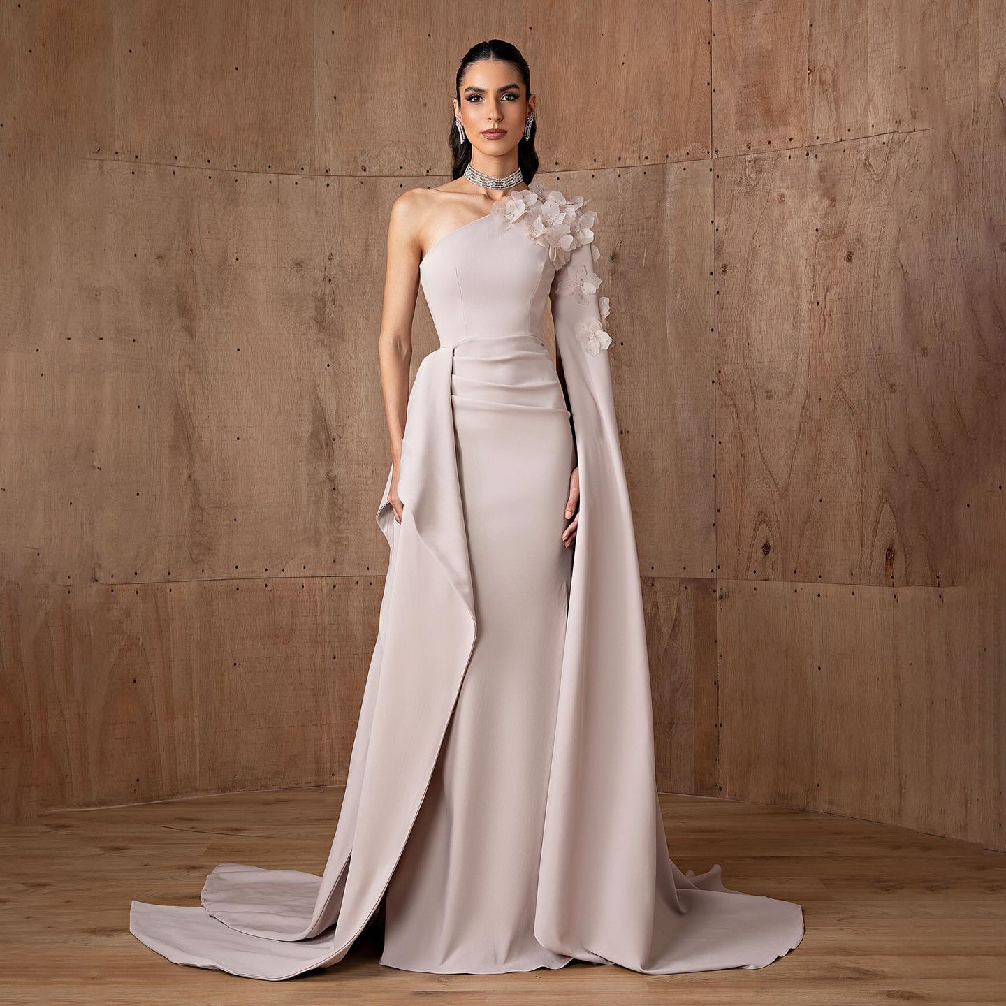 Dirty Pink One-Shoulder Mermaid Evening Dress with Cape Sleeve & 3D Floral Appliqués SF555 Sheer Fairy