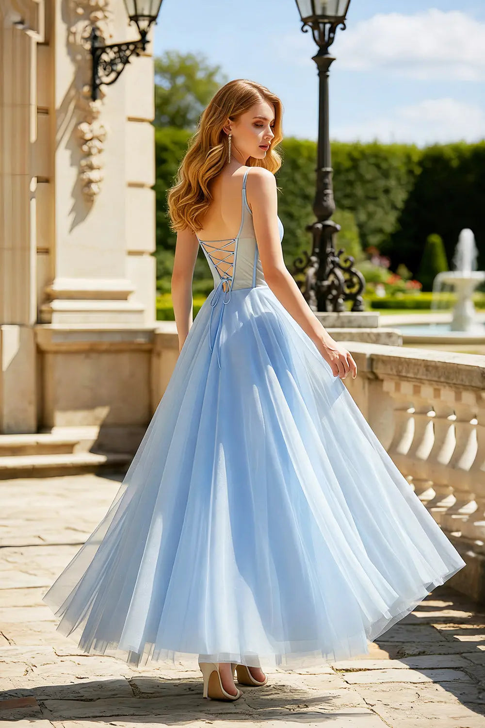 Beaded Blue Spaghetti Strap Tulle A-Line Prom Dress SH496 Sheer Fairy