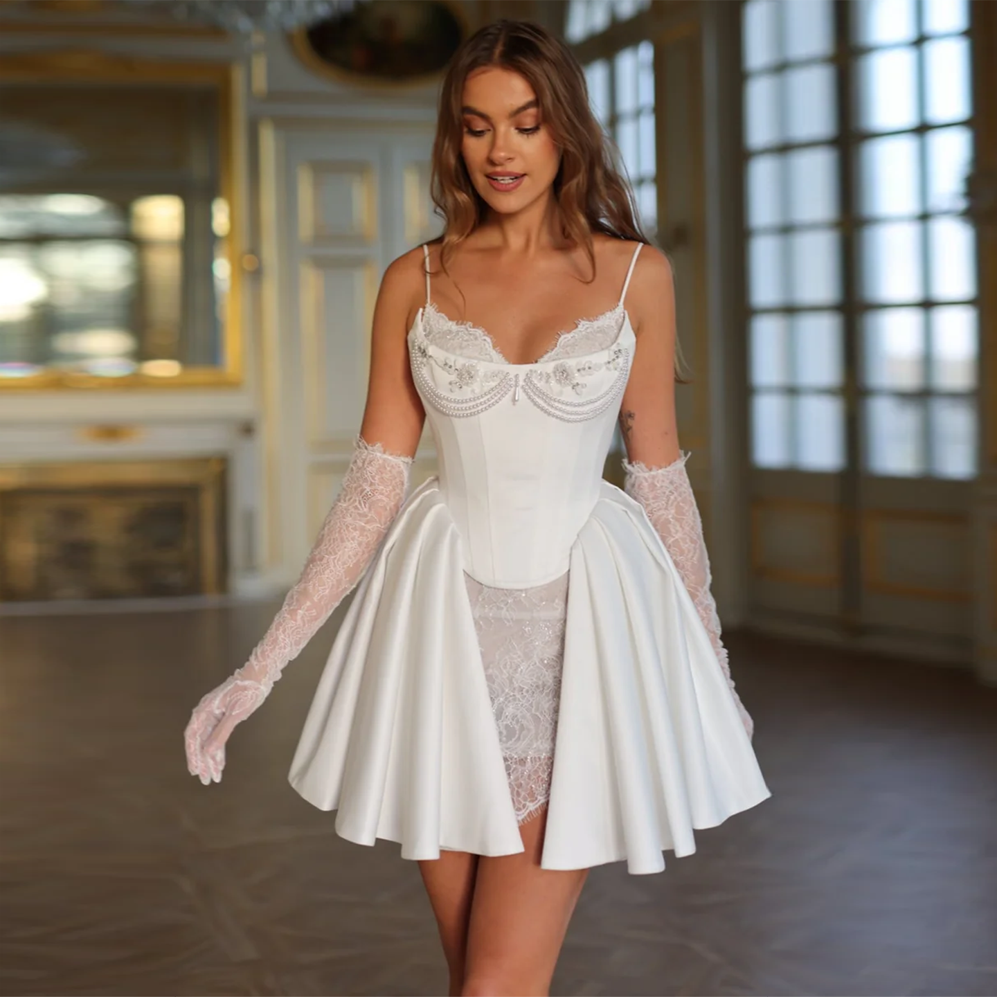 Luxury White Satin Mini Short Bridal Dress with Gloves SW108 - SHEER FAIRY