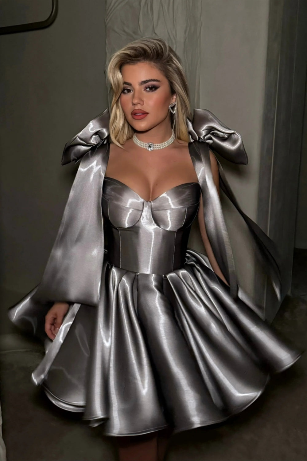 Elegant Gray Satin Corset Mini Dress with Bows RM248 Sheer Fairy