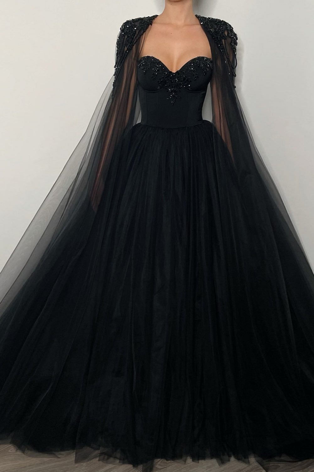 Black Beaded Strapless Detachable Capelet Ball Gown Wedding Dress SW564 Sheer Fairy
