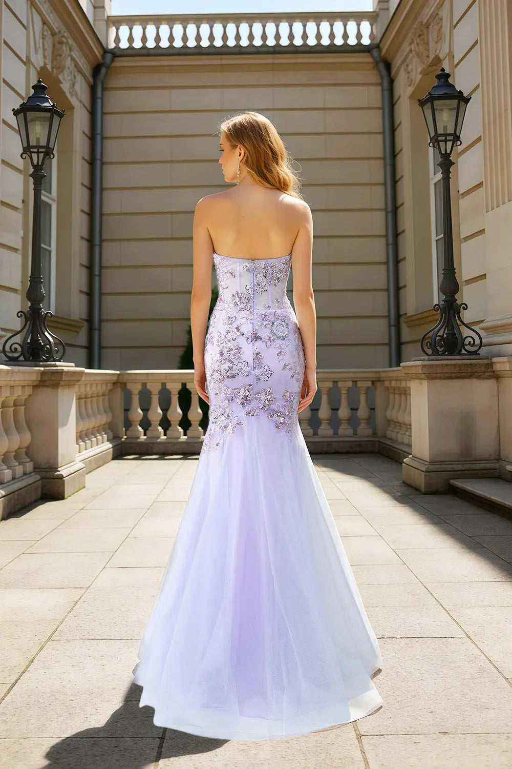 Beaded Lilac Lace Mermaid Strapless Sweetheart Prom Dress SH482 Sheer Fairy