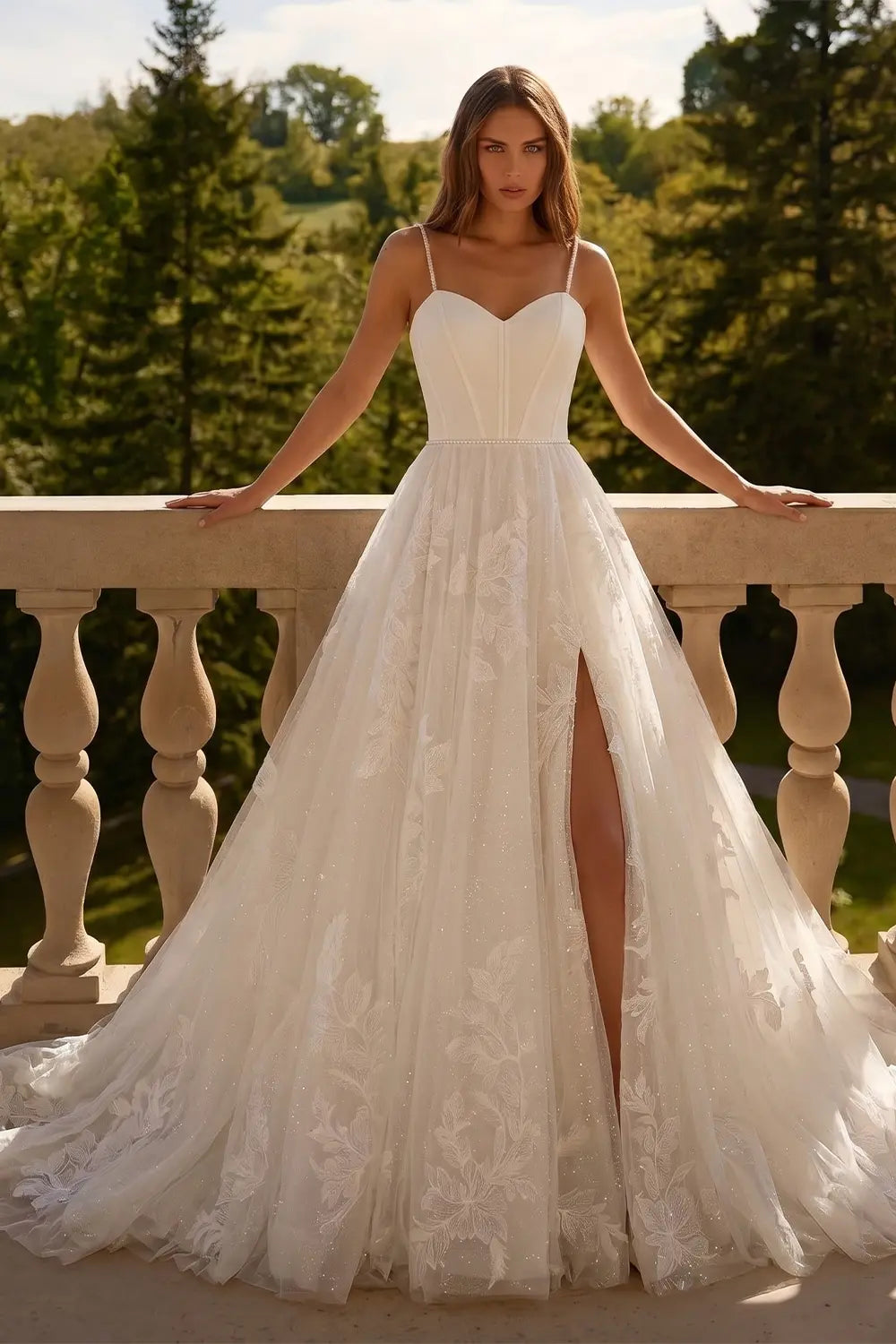 Elegant Corset Bodice A-Line Wedding Dress with Floral Lace Appliques & Cathedral Train SW705 Sheer Fairy
