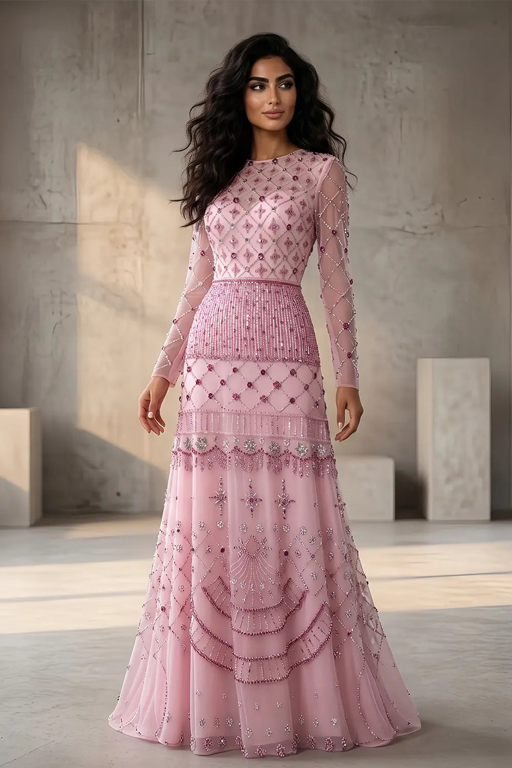 Pink Long-Sleeve Beaded Sheer Evening Dress SS220 Sheer Fairy