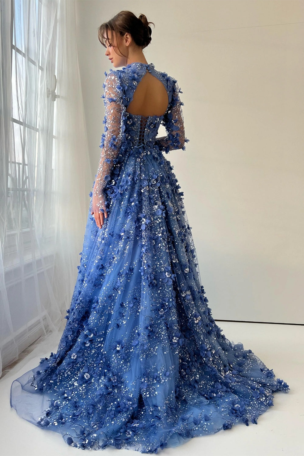 Royal Blue 3D Floral Beaded A-Line Long Sleeves Evening Dress SS647 Sheer Fairy