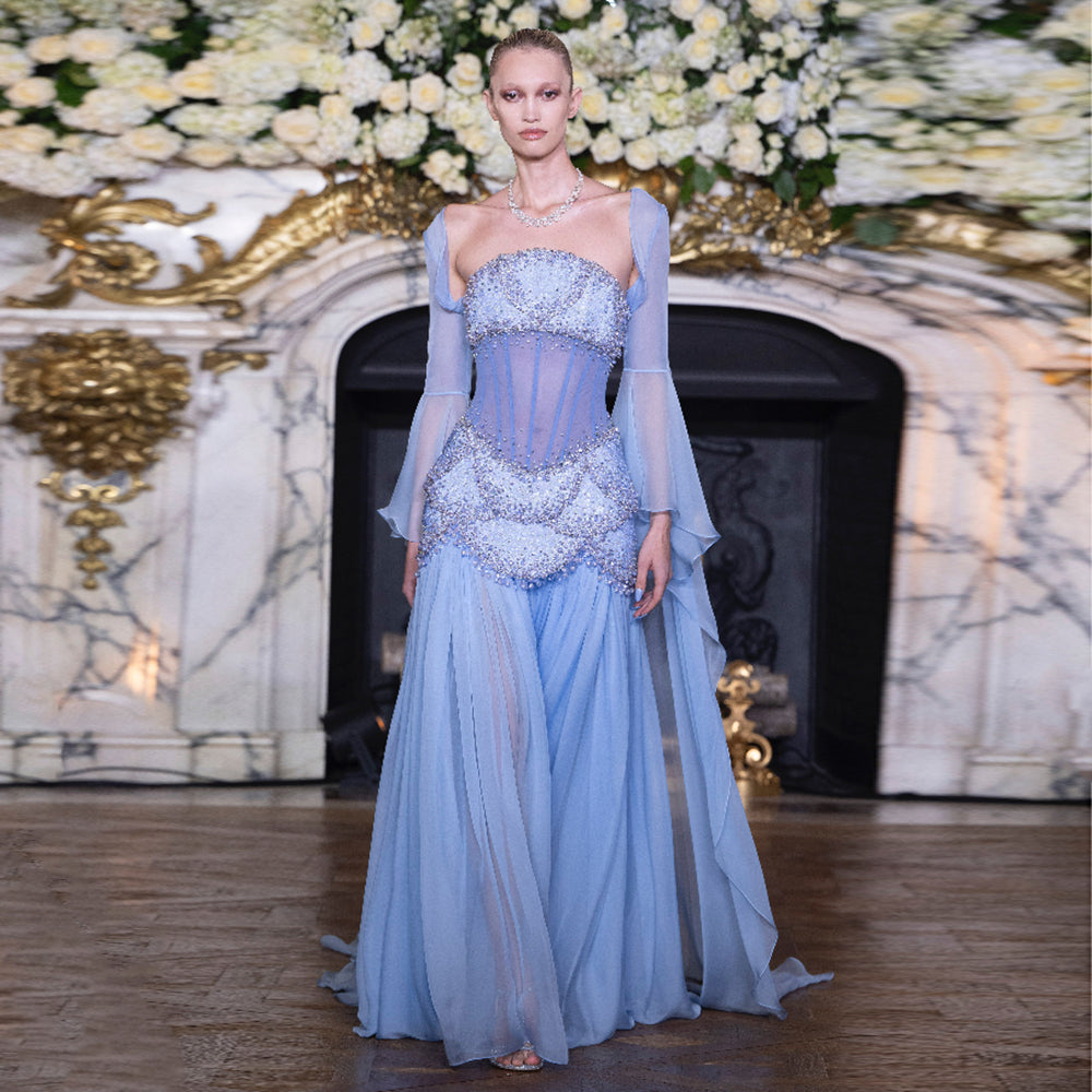 Luxury Blue Beaded Formal Evening Gown with Bell Sleeves SS286 Sheer Fairy