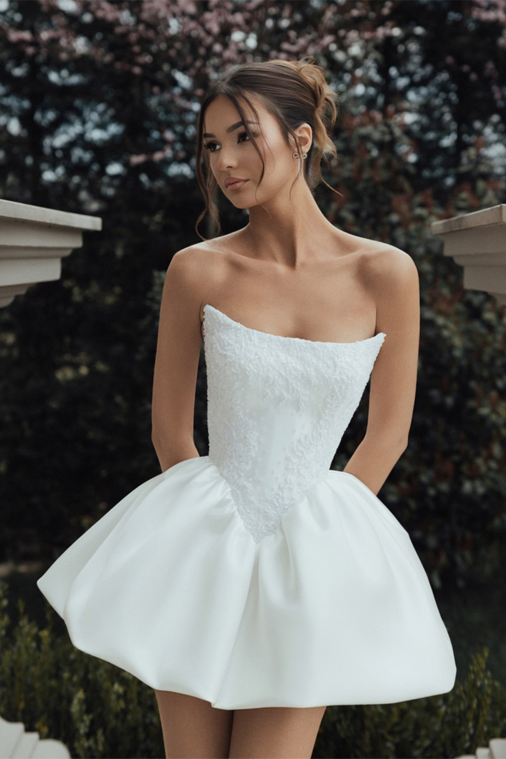 White Strapless Corset Bubble Hem Short Wedding Dress SW132 Sheer Fairy